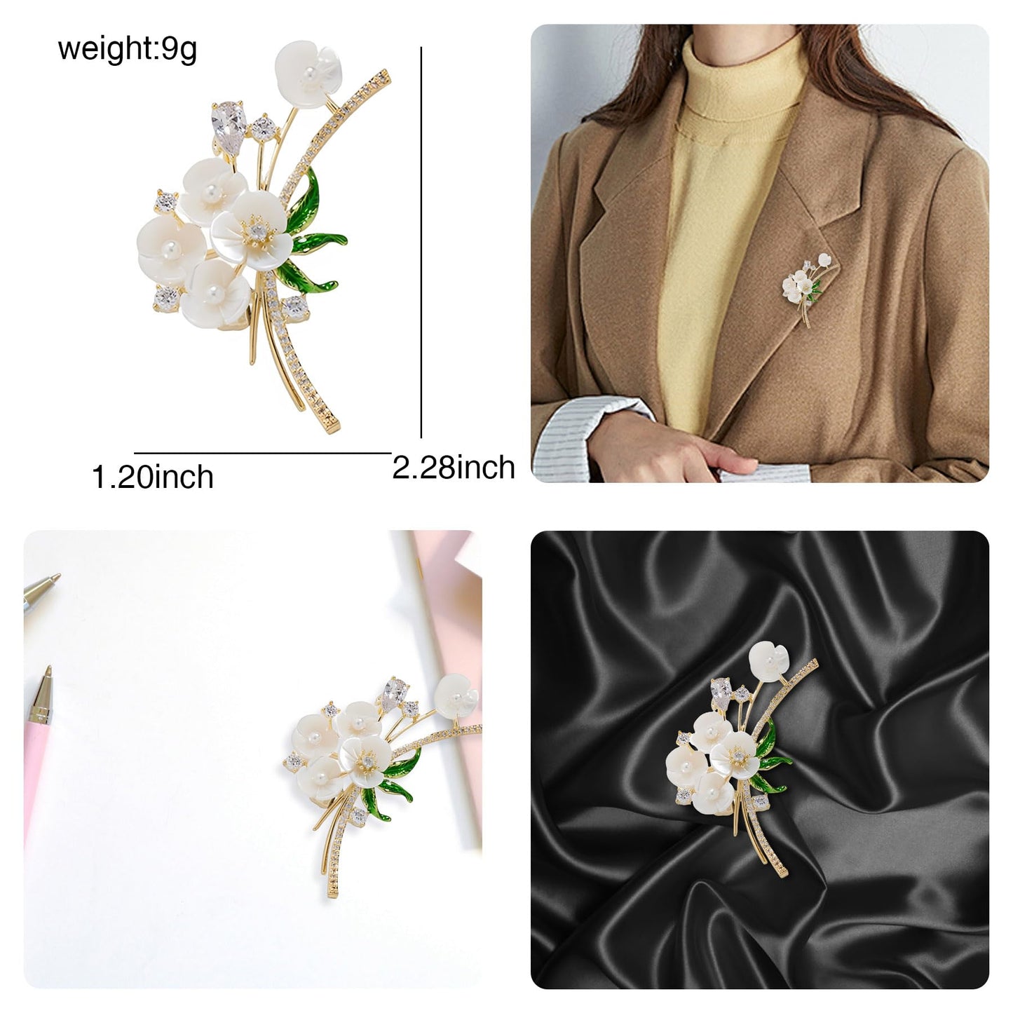 Shell Crystal Flower Brooch Pins for Women Elegant Rhinestone Floral Brooches Pin Fashion Jewelry for Party Dance Wedding Banquet Brooch for Women Girl Gift