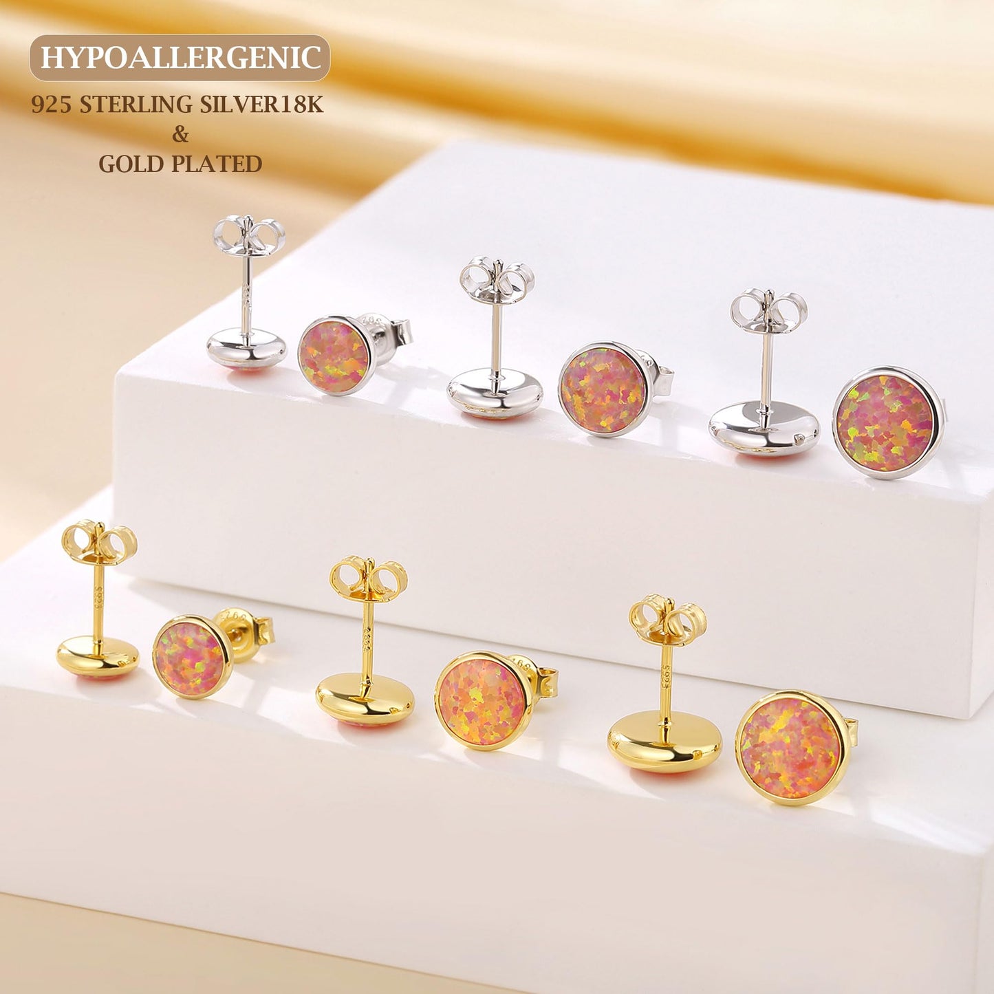 JiayangJY Silver Red Fire Opal Stud Earrings for Women Sterling Silver Round Shape 8mm Opal Earrings with Push Back
