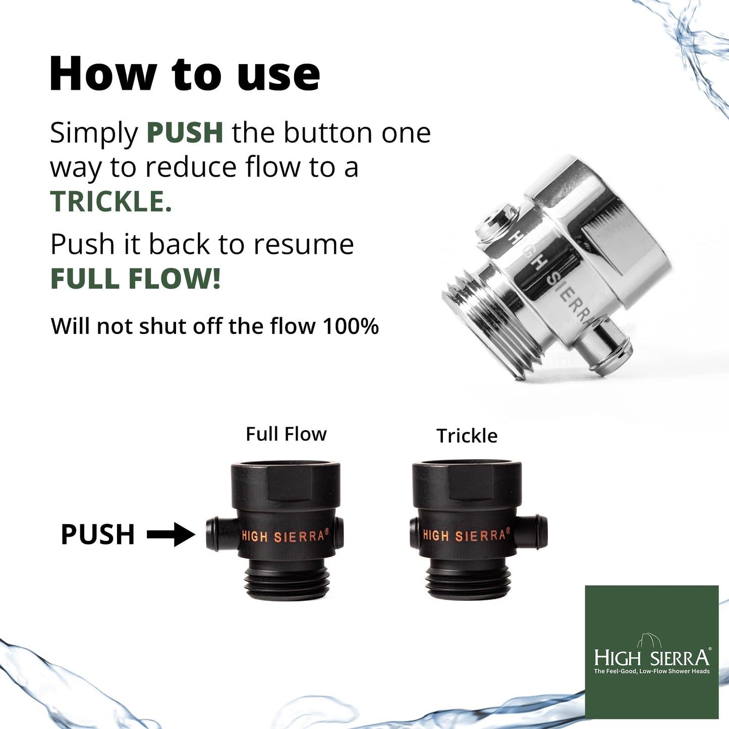 High Sierra® - All Lead-Free Brass Trickle Valve For Shower Heads. For Pause & Pressure Control. Easy To Push Button Reduces The Flow of Water or Shuts It Off to Just a Trickle - Oil Rubbed Bronze