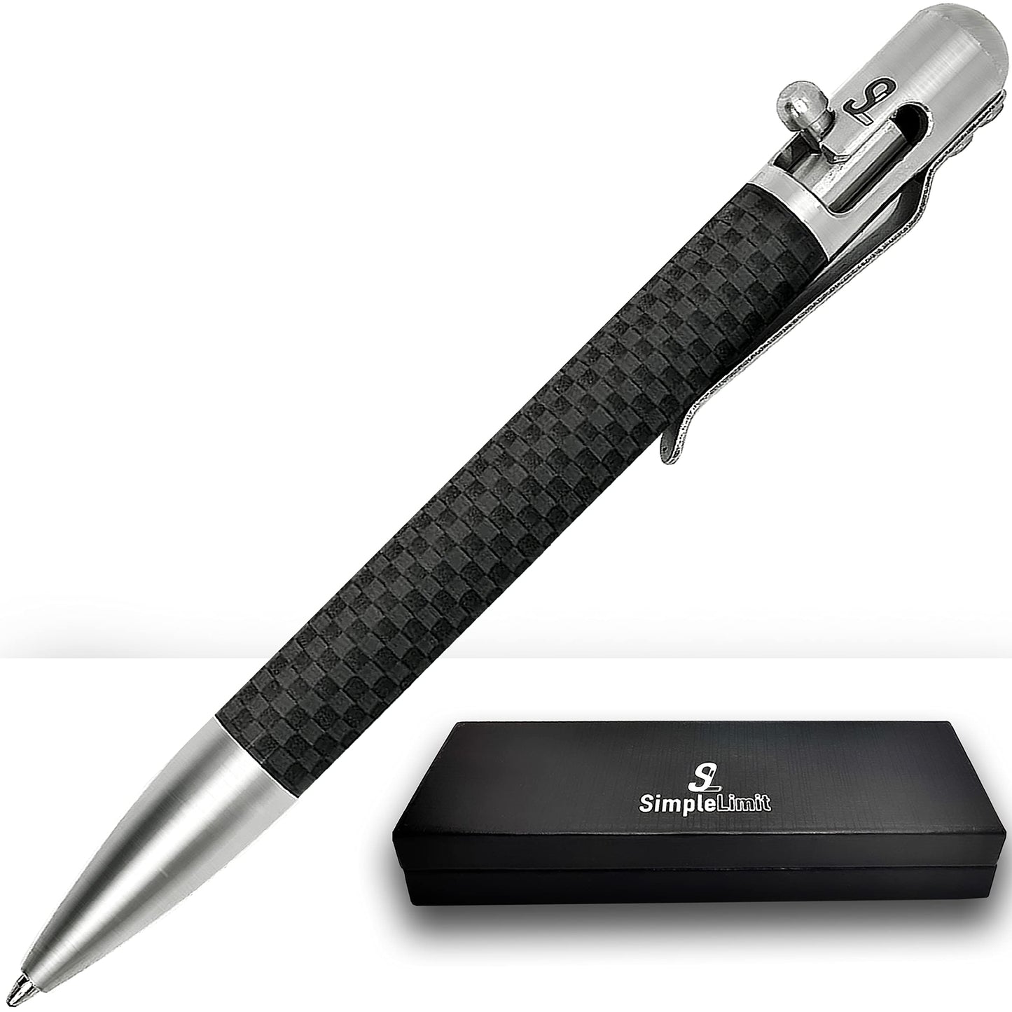 SL Simple Limit Bolt Action Carbon Fiber Ballpoint Pen with Gift Box – Luxury Stainless Steel Executive Writing Pen, Smooth Fine Point Black Ink, Professional EDC Pen for Men & Women