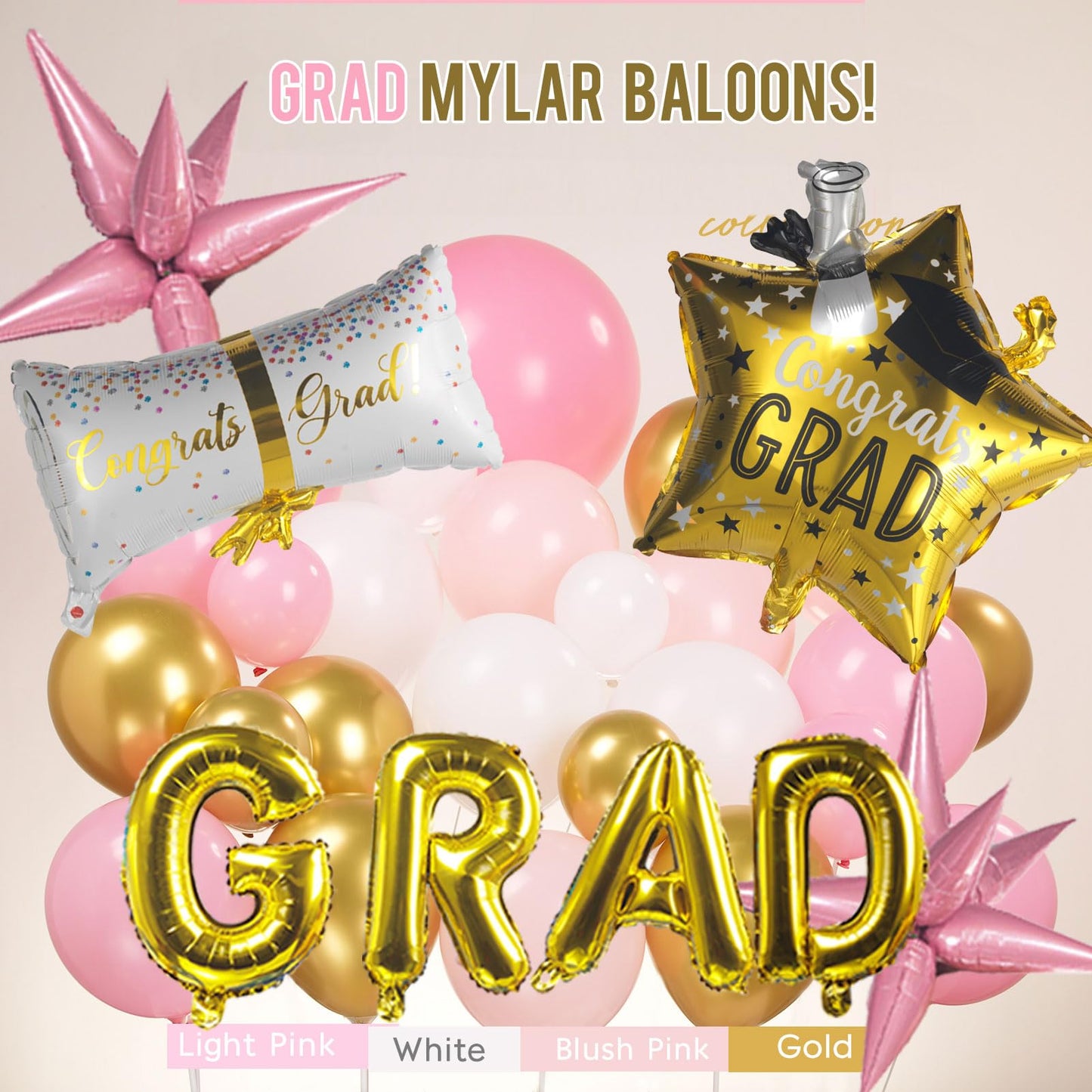 Pink and White Gold Grad Balloon garland arch kit 145pcs With Large Gold Star GRAD Letter balloons for 2026 graduations decorations Prom girl's birthday party supplies