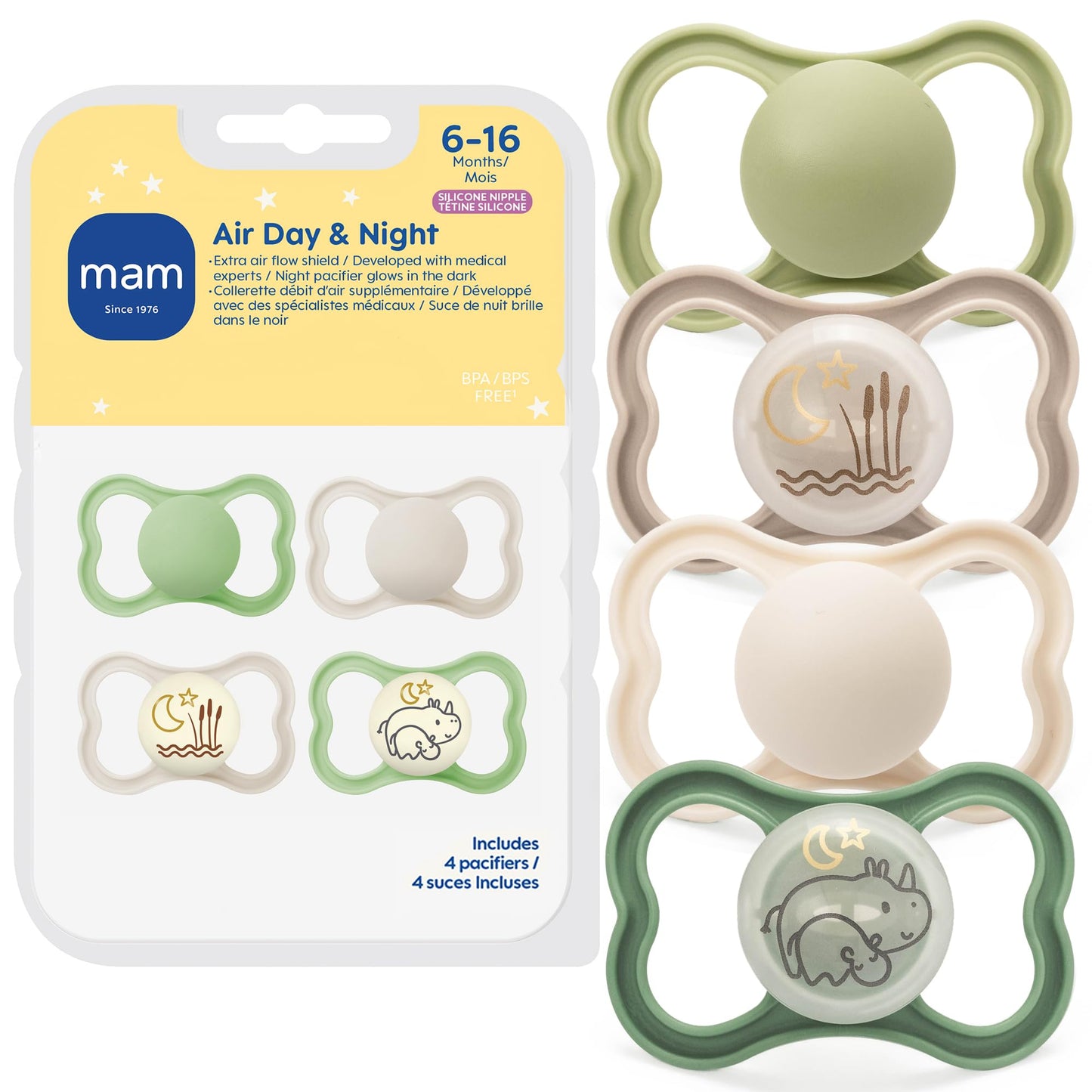 MAM Air Pacifier for Babies 6-16 Months, Extra Air Flow for Sensitive Skin, Glows in The Dark, Developed with Medical Experts, BPA-Free Skin Soft Silicone, 4 Count, Made in Europe