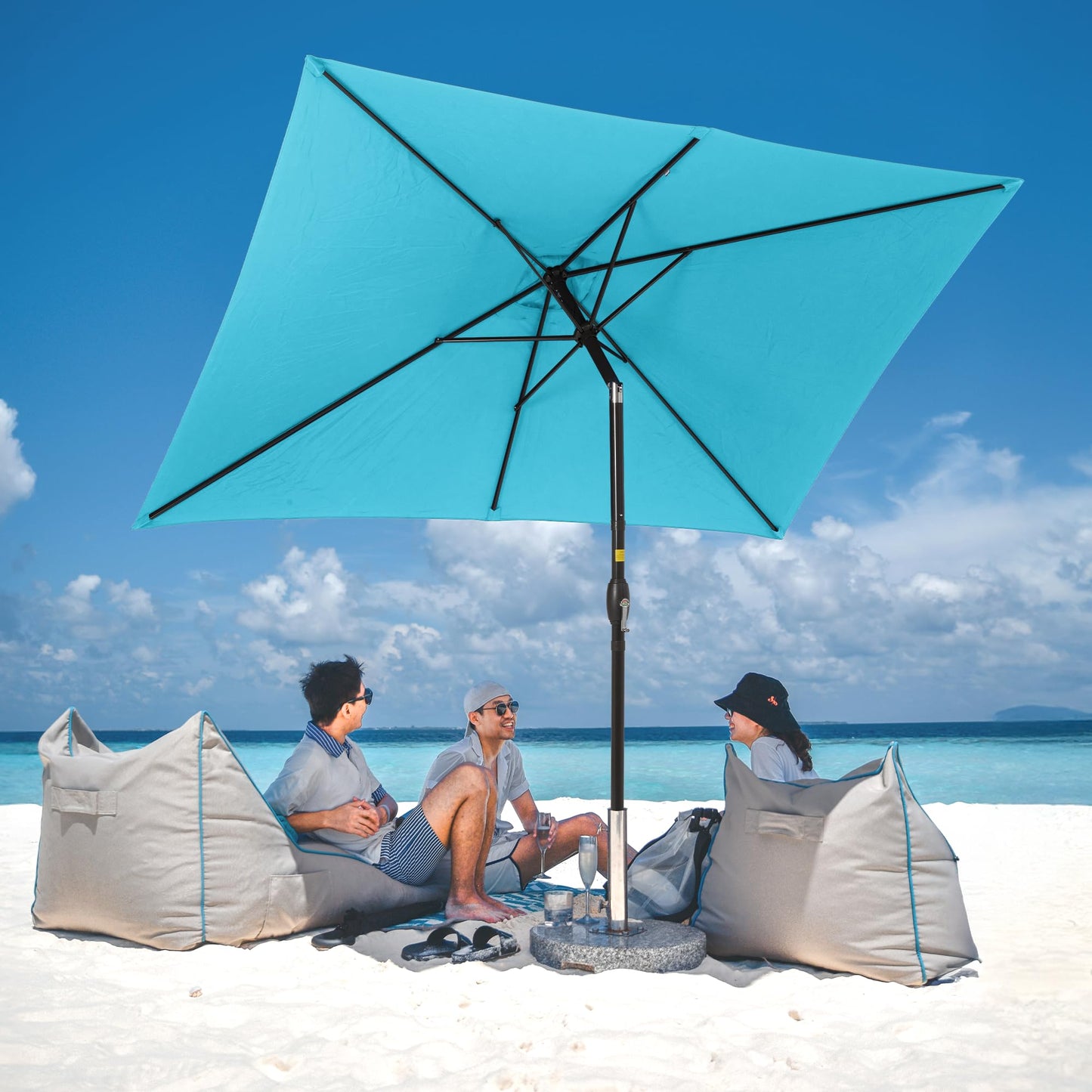 SUNVIVI OUTDOOR 6.5 x 10 Ft Rectangular Patio Umbrella Metal Pole, Outdoor Table Market Umbrella with Crank, 6 Steel Ribs, Polyester Canopy, Turquoise
