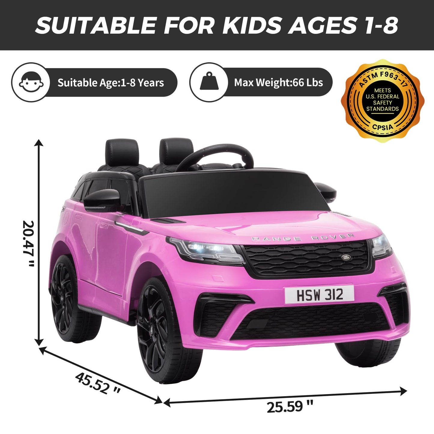 Licensed Land Rover Velar Kids Electric Ride On Car by TOBBI, Toddler 12V Battery Powered 4 Wheeler Driving Vehicle Toy with Remote Control/Safety Belt/Horn & LED Lights for Children Under 8-Pink