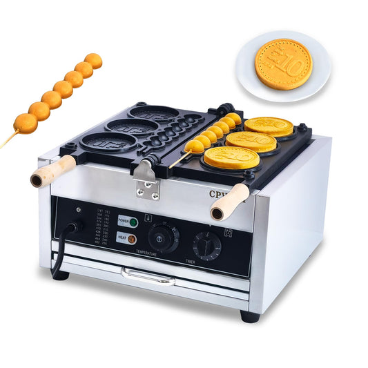 CPVKRY Commercial 2 In 1 Waffle Sticks Maker 10 Yen Coin Waffle Maker 1550W Waffles on a Stick Maker Stainless Steel, 50-300℃ Temp Control, 5-min Timer Waffle Dog Maker 110V
