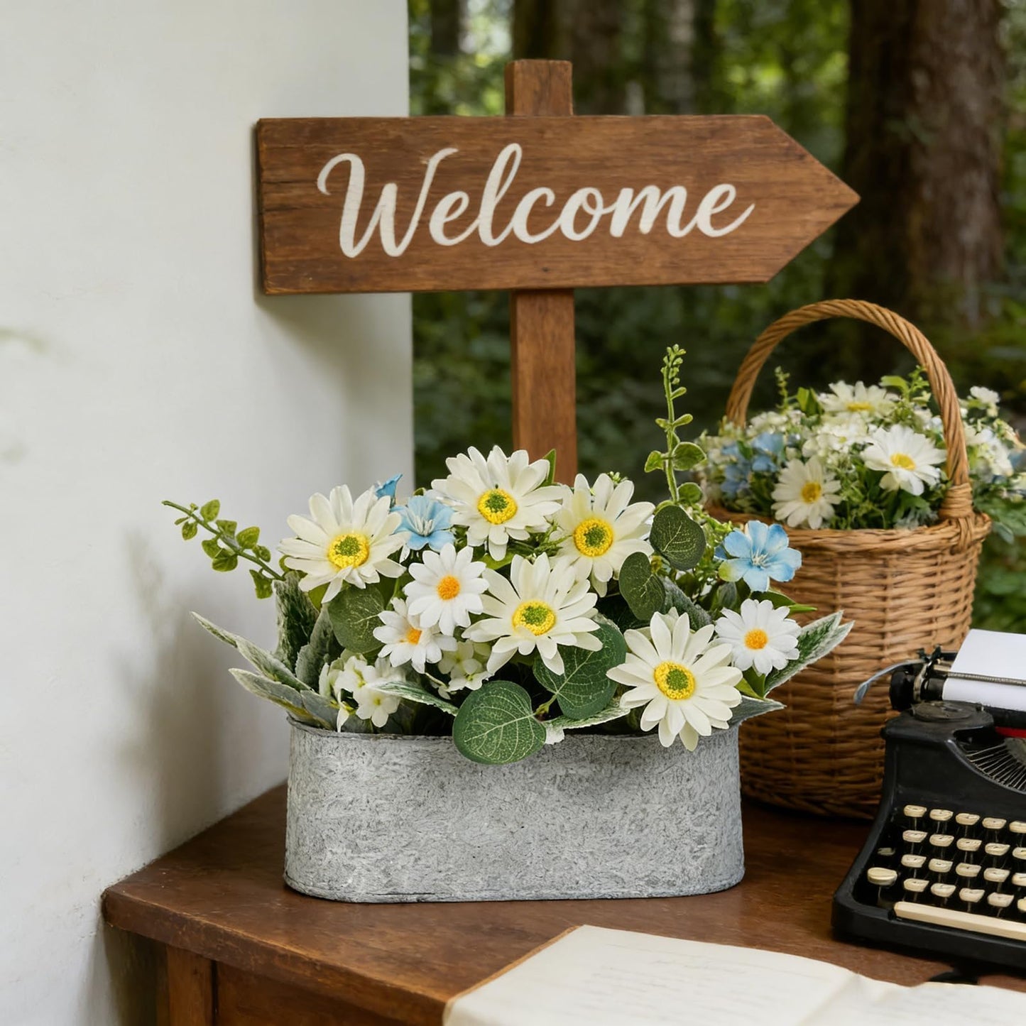 ZKIEIRE Floral Centerpieces for Tables, 12 Inch Small Artificial Flowers in Metal Pot with White Daisy Arrangement, Farmhouse Fake Potted Faux Plant for Spring Summer All Season Indoor Outdoor Decor