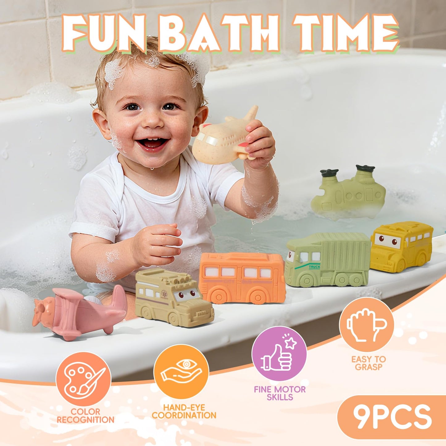 Baby Bath Toys 9 Pack Cars Floating Bath Toys Mold Free, for Infants 6-12 & Kids Ages 1-3, No Hole Bathtub Toys for Toddlers 1-3 Water Pool Toy for Baby Toddler