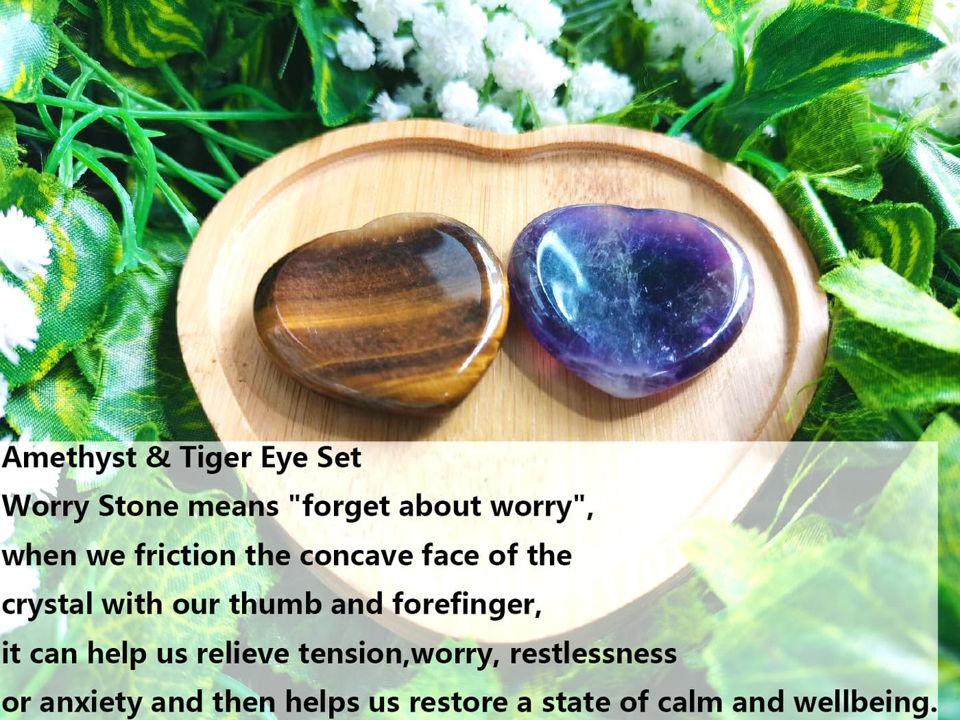 QINJIEJIE 2PCS Worry Stones for Anxiety Amethyst Tiger Eye Crystals Thumb Heart Shaped Quartz Crystal Palm Polished Gemstone Pocket Massage Natural Gem Reiki Meditation Stress Relief Gift for Women