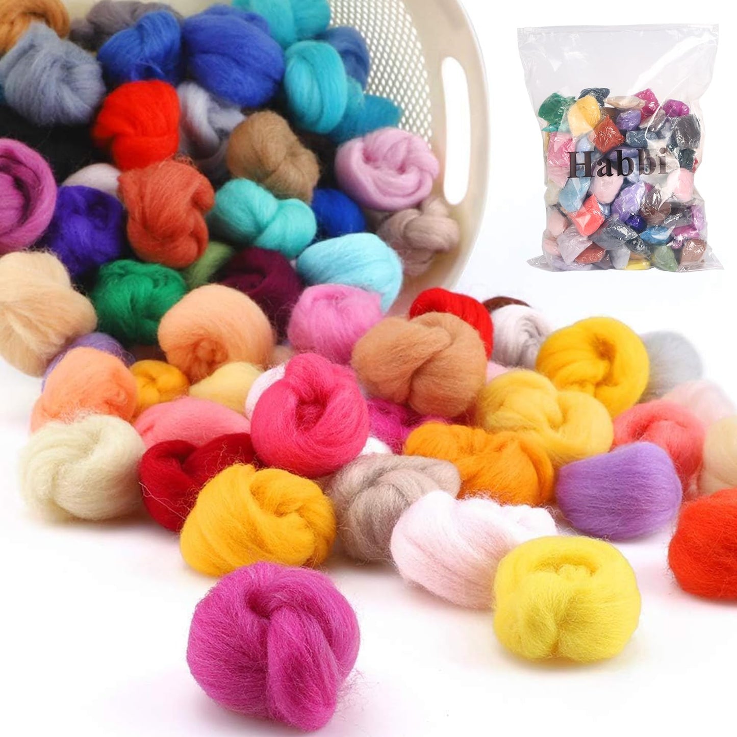 Habbi 100 Colors Needle Felting Wool - Fibre Wool Roving for DIY Craft, Fiber Art and Hand Spinning, Needle Felting Supplies Felting Kit,100 Colors / 3g Each