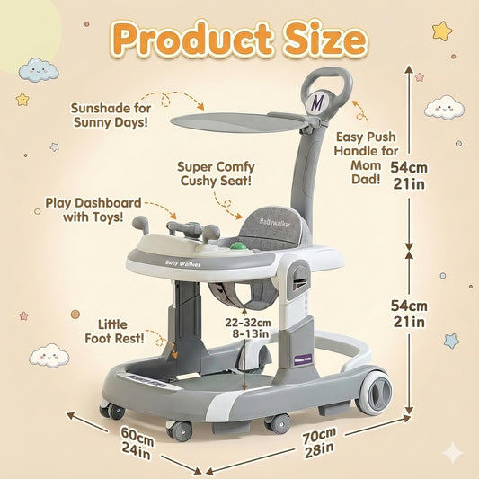 3-in-1 Foldable Baby Walker - Music Car-Themed Walker with Wheels and Bouncing Foot Mat, Push-Behind Walker, Baby Walker with Sheds Design for Outdoor, for Infant Boys & Girls 6-18 Months (Grey)