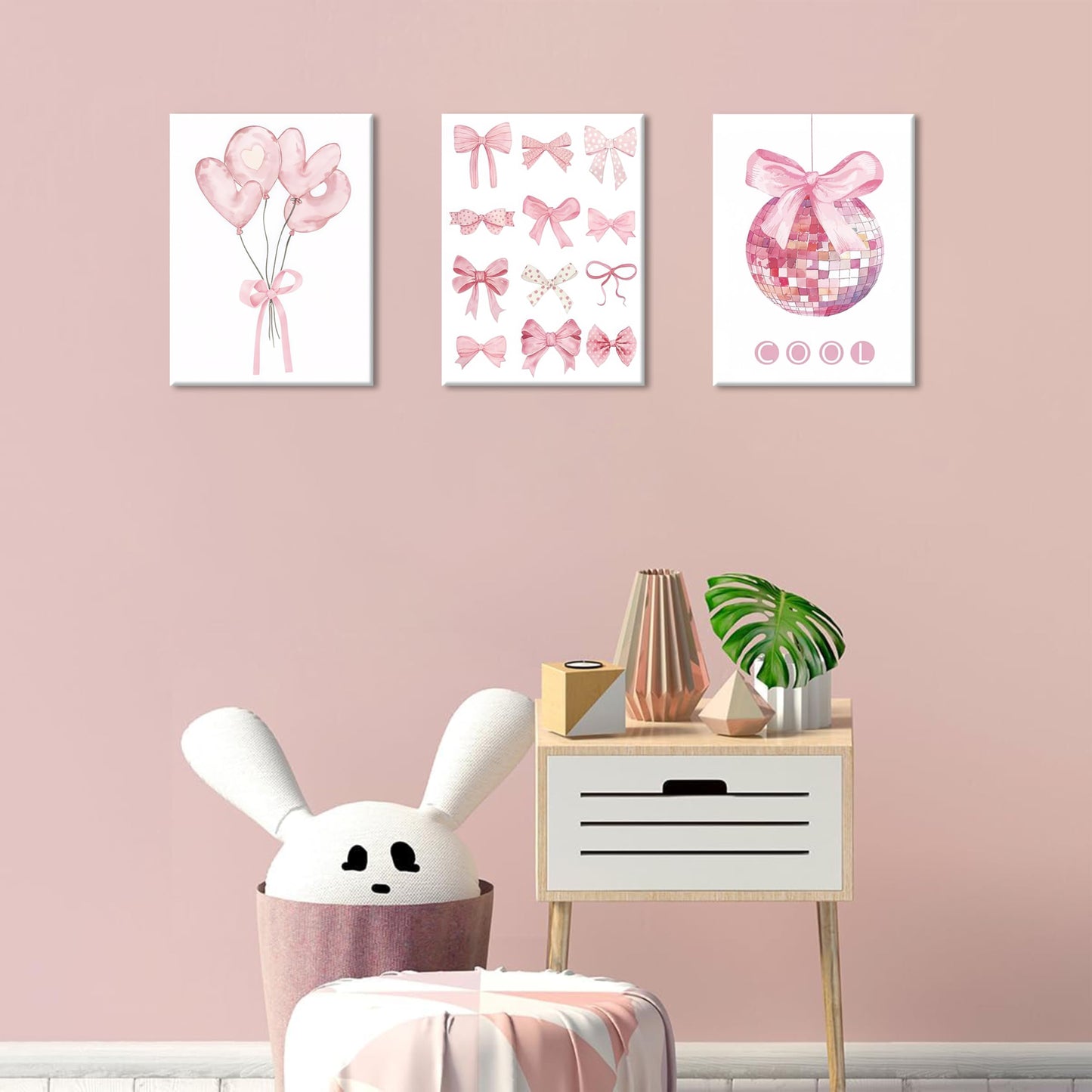 Preppy Pink Bow Canvas Wall Art, Trendy Bows Coquette Room Wall Decor Paintings, Pink Girly Disco Aesthetic Posters Prints Pictures for Girls Dorm Bedroom 16x24 Inch Framed