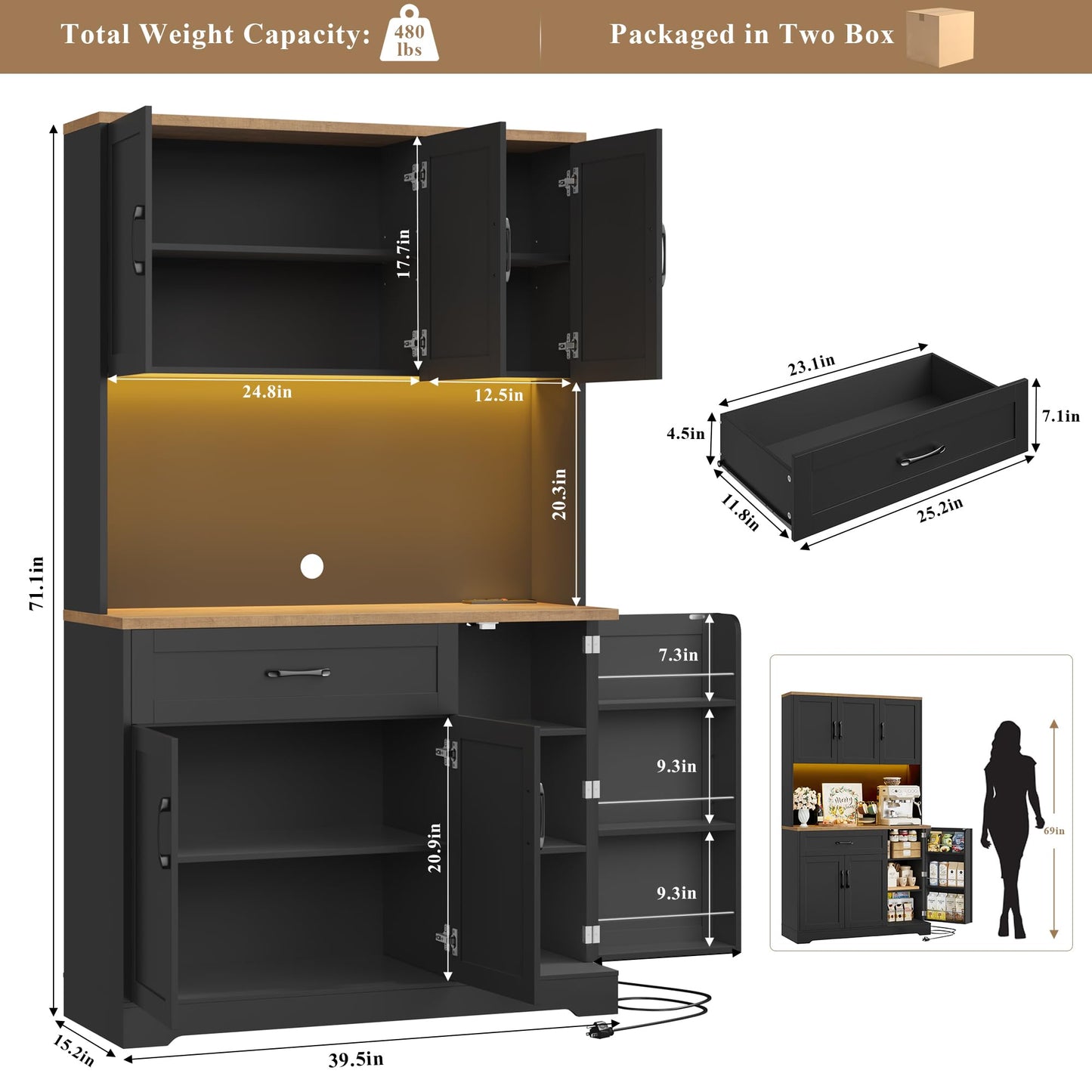 HIFIT 71" LED Kitchen Pantry Cabinet with Power Outlet, Tall Hutch Storage Cabinet with Microwave Stand & 6 Door Shelves, Modern Food Pantry Cabinets with Drawer for Kitchen Dining Living Room, Black
