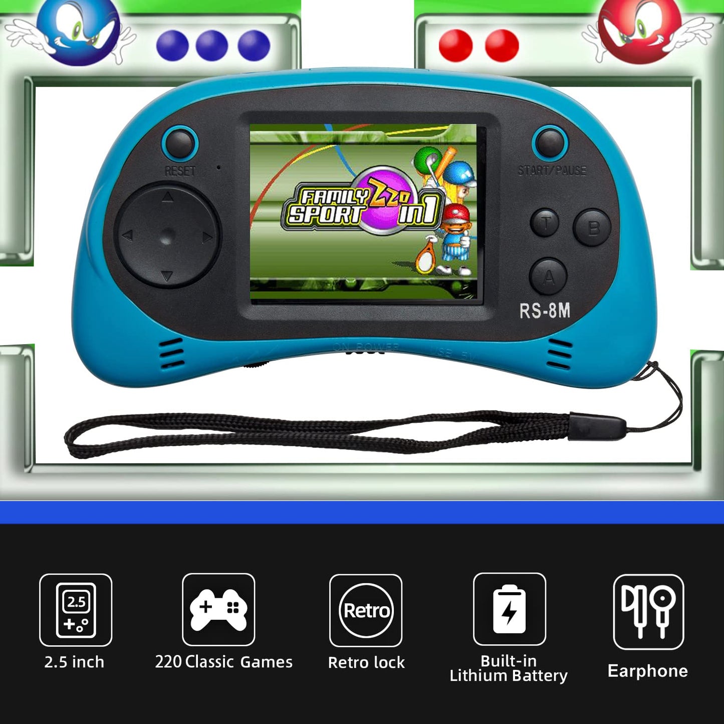 EASEGMER 16 Bit Kids Handheld Games Built-in 220 HD Video Games, 2.5 Inch Portable Game Player with Headphones - Best Travel Electronic Toys for Kids Age 3-10 Years Old Children (Blue)