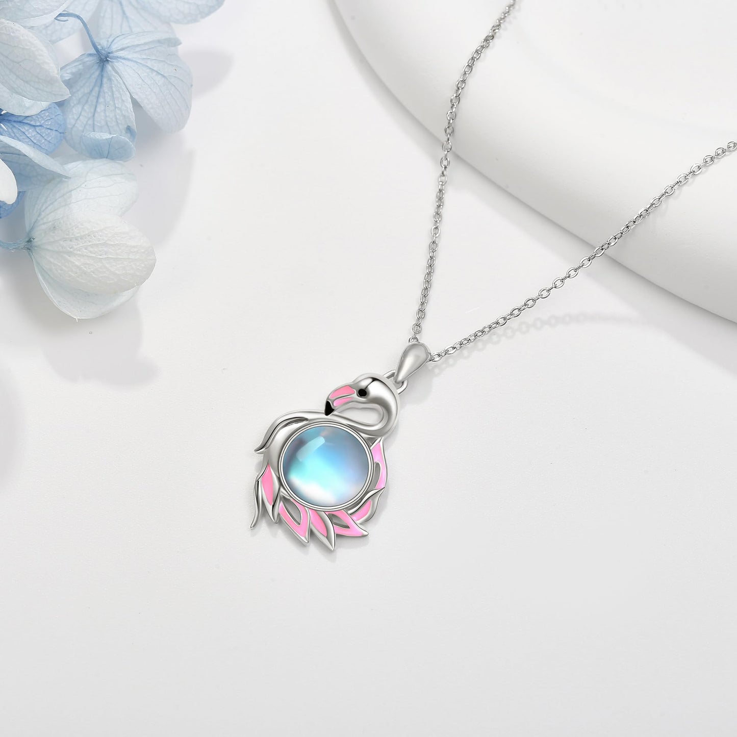 YAFEINI Flamingo Necklace 925 Sterling Silver Moonstone Pendant Christmas Mother's Day Jewelry for Women Mom Ladies