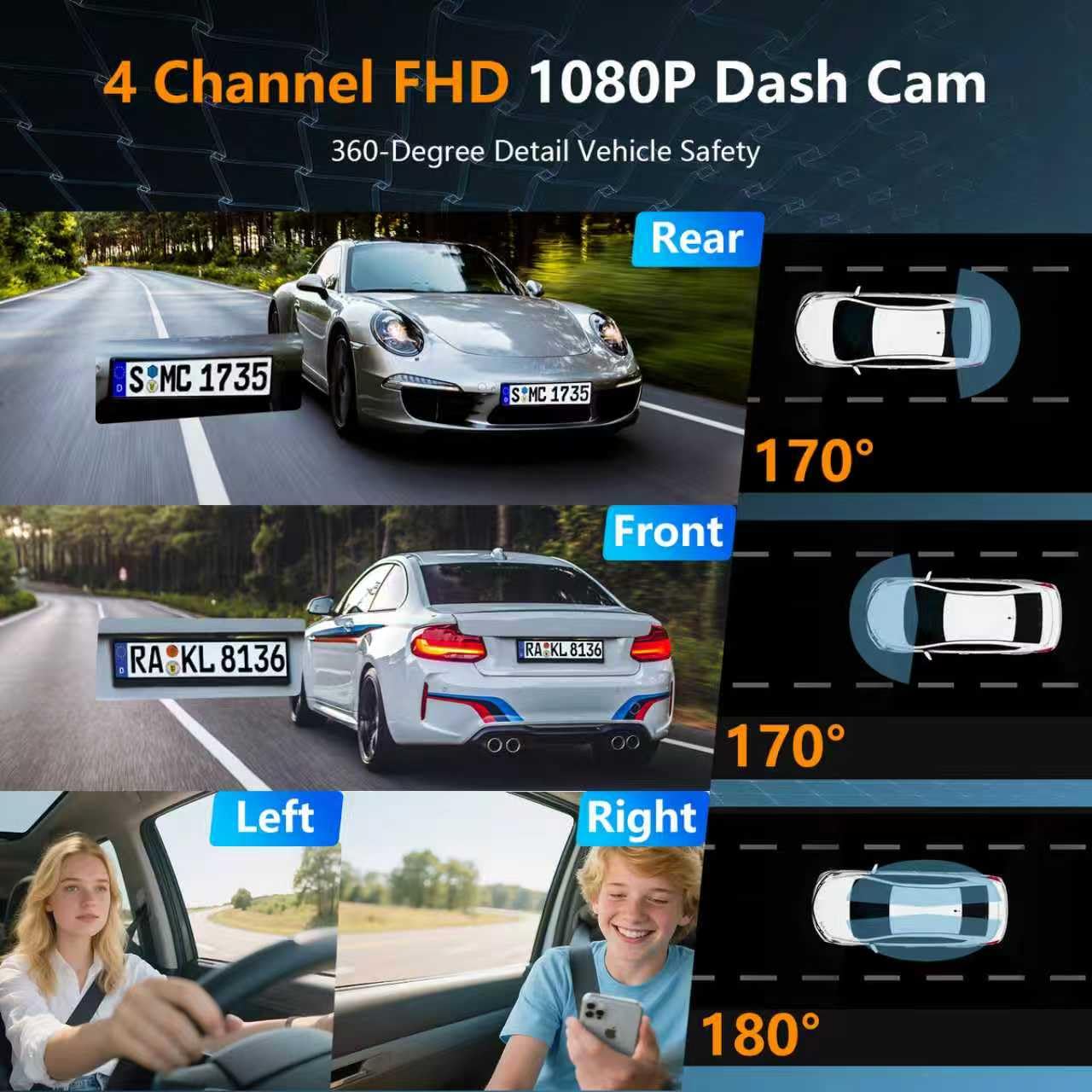 4 Channel Dash Cam Front and Rear Cabin, 360° Dash Camera ，Night Vision 8 IR Lamps Dash Camera for Cars, 5G WiFi for Download, G-Sensor, 24H/7 Parking Mode with 64GB Card,Support 256 GB Max