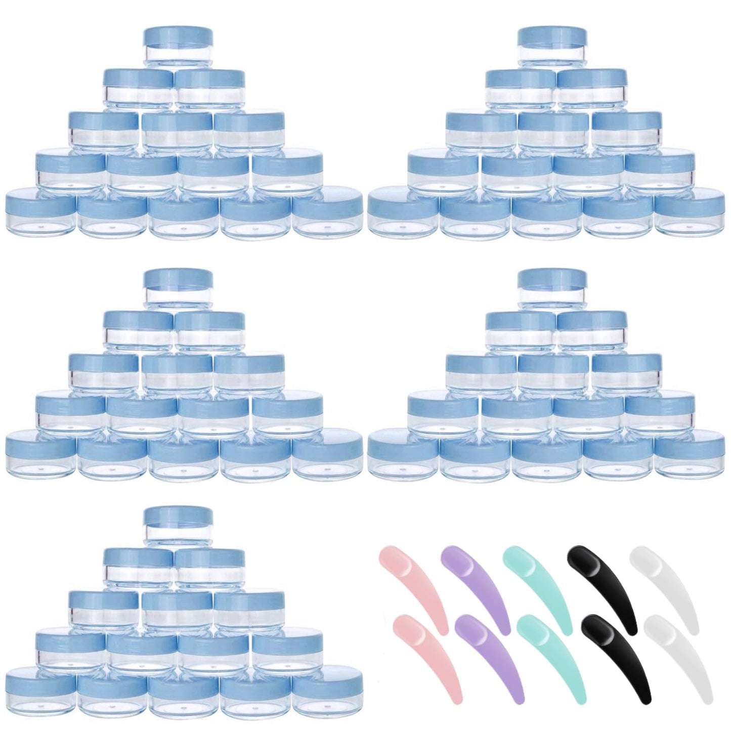 100 Count 10g Small Sample Containers with Lids and 10 Pcs Mask Spatula, Refillable Cosmetic Jars Plastic Makeup Containers Lip Scrub Containers for Beauty Products - Blue