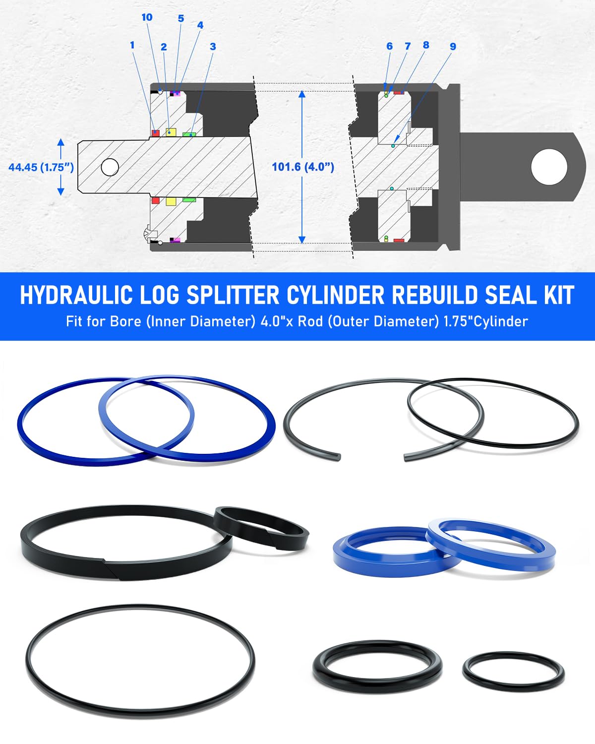 VEHIFOMO Hydraulic Log Splitter Cylinder Rebuild Seal Kit for 4.0"Bore x 1.75" Rod Cylinder, Dirty Hands Tools Huskee Log Splitter Parts Hydraulic Cylinder Rebuild Kit (Pack of 11)