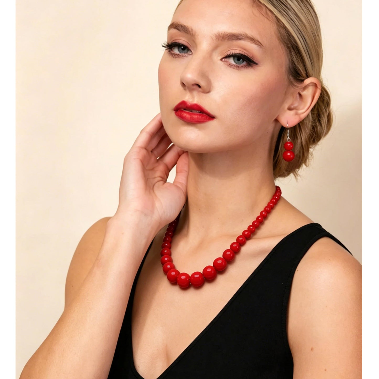 Cryshimmer Pearl Choker Necklace for Women Faux Pearl Beads Strand Necklace Earring Set Costume Jewelry (Red-1)