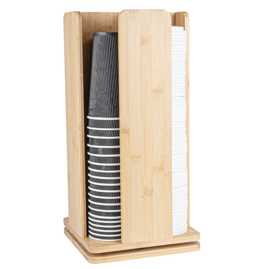 Restaurantware Restpresso 9 x 18 Inch Coffee Cup and Lid Organizer 1 Revolving Cup and Lid Holder - 4 Section Countertop Natural Bamboo Cup and Lid Dispenser For Restaurants Homes or Offices