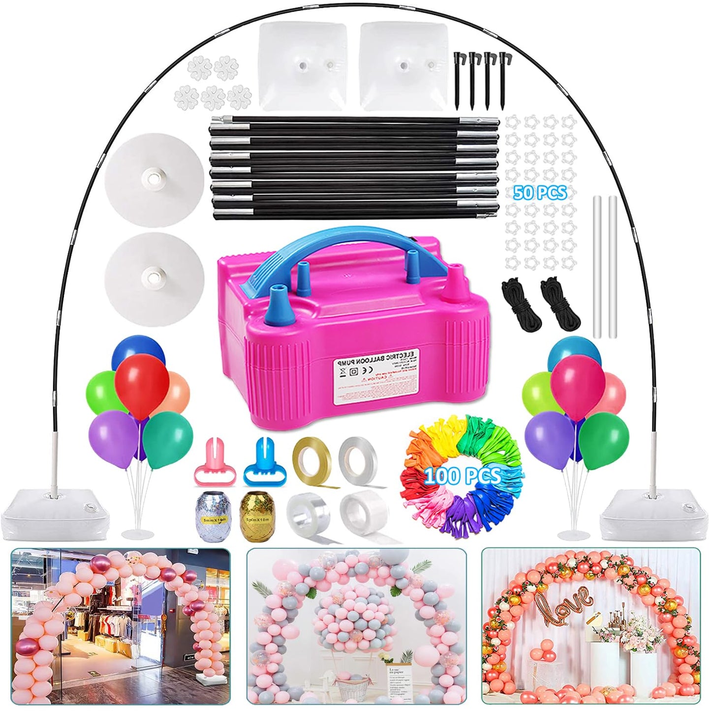 Balloon Arch Kit and Balloon Pump Electric, 10ft Wide Adjustable Balloon Arch Stand With 100Balloons 2Balloon Stands For Wedding Anniversary Birthday Mother's Day Party Decoration Graduation Ceremony