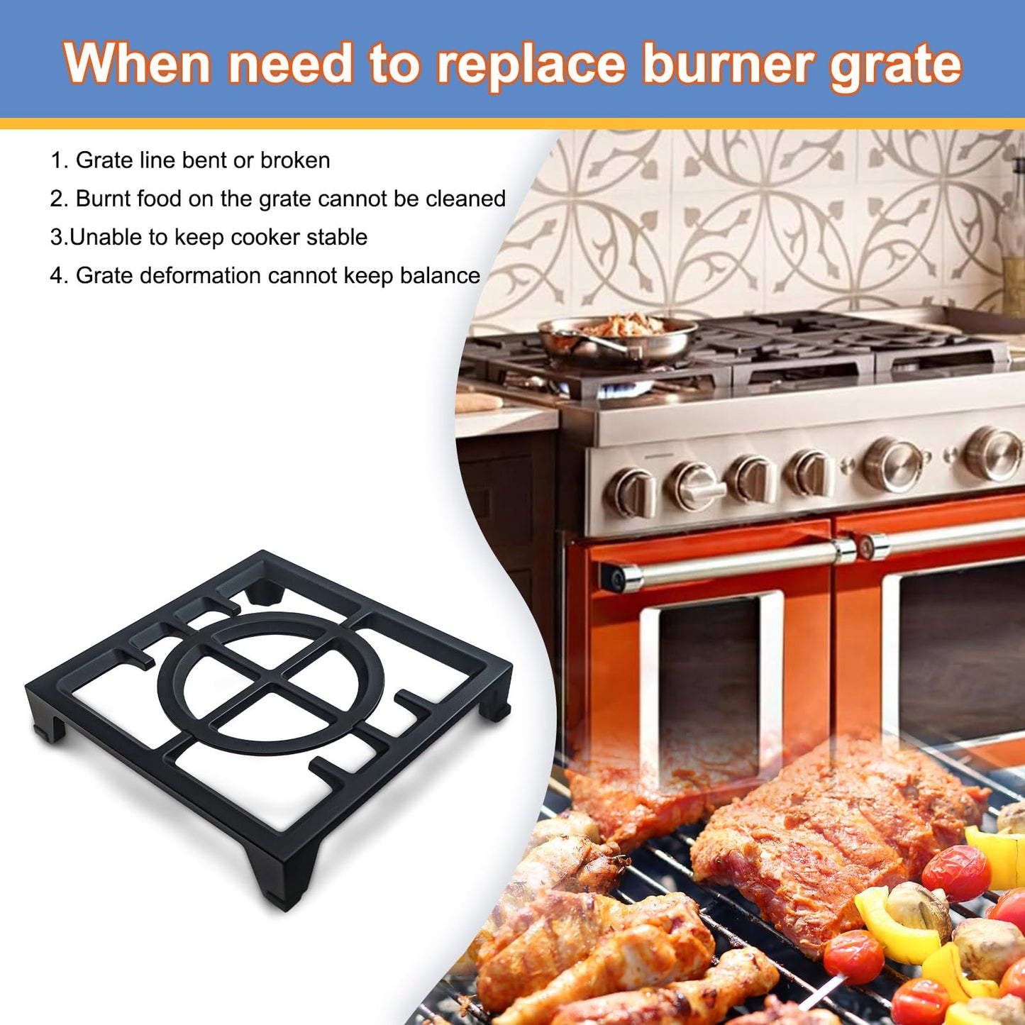 W11380124 Burner Grate Replacement for Whirlpool KitchenAid Stove Parts Cast Iron Stove Top Burner Grate KCGC506JSS00, Gas Range Parts Dual Fuel Range Grate Stove Oven Parts Cooktop Grate 1 Pcs