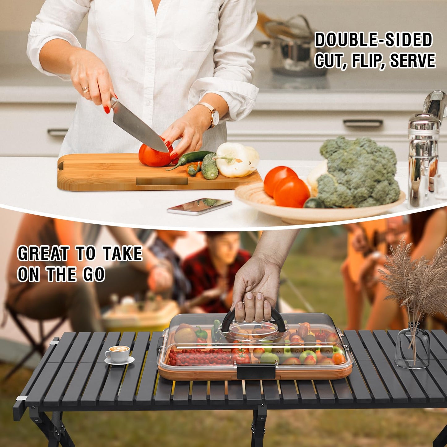 Renmxj Charcuterie Board with Clear Lid, Travel Portable Cheese Board Charcuterie Boxes Cutting Boards for Kitchen, House Warming Gifts New Home, Gifts for Women (4 Compartments Black)