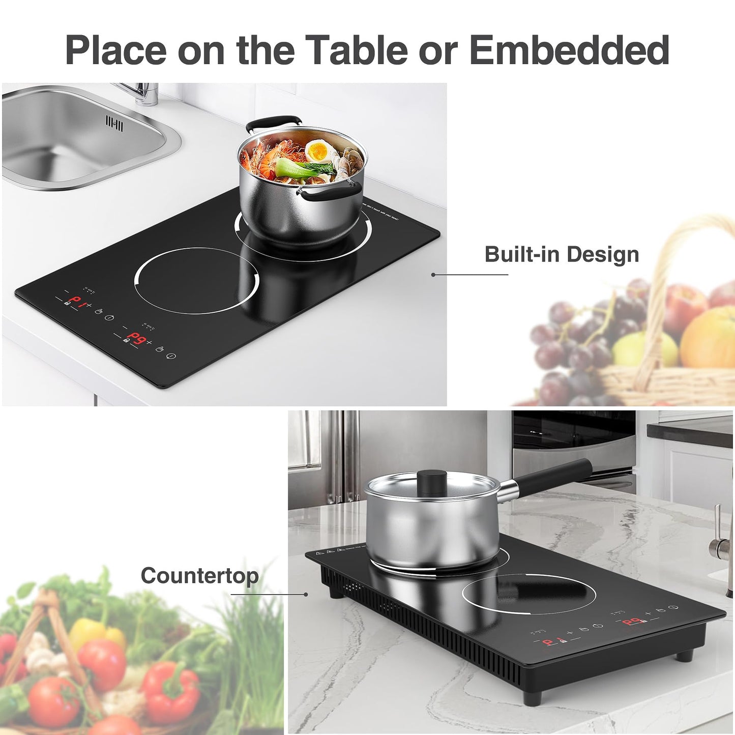 GIHETKUT Double Induction Cooktop,110V 2 Burner Induction Cooktop,2300W Electric Stove Top with Independent Control, Ultrathin Body, 9 Temperature, Multiple Power Levels, 2 Hour Timer, Safety Lock