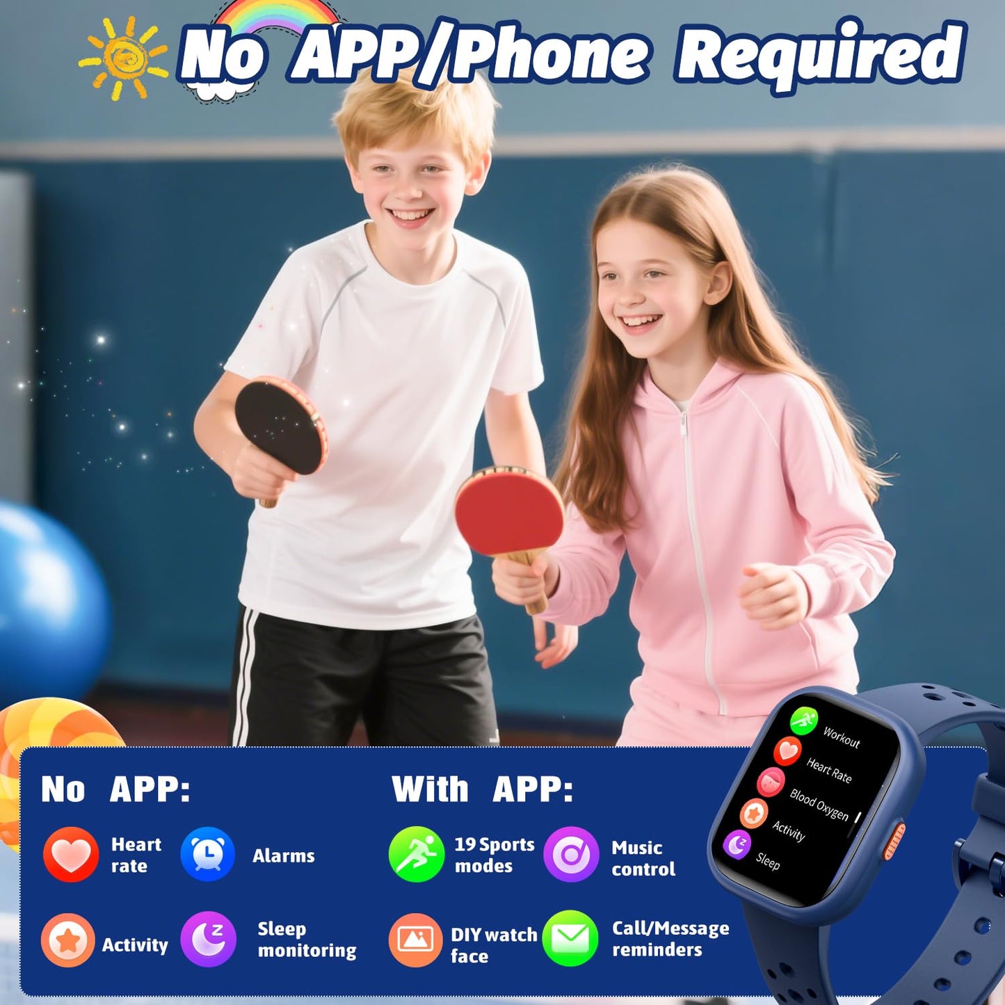 Heroange Kids Smart Watch for Girls Boys,IP68 Waterproof Kids Fitness Tracker Watch with 1.83" Face,Heart Rate Sleep Monitor,19 Sport Modes,Puzzle Games with APP,Great Gifts for Teens 6+ (Blue)