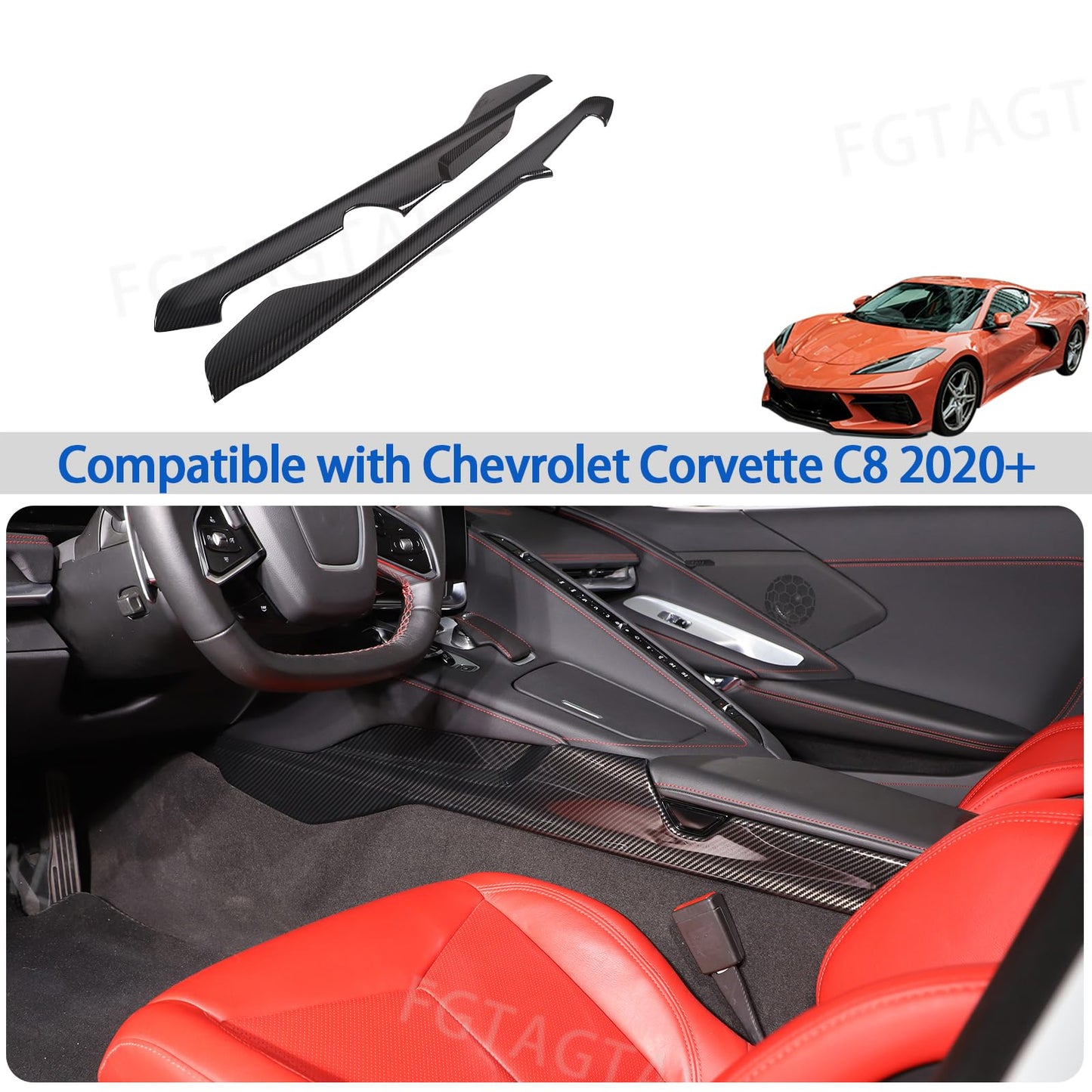 Armrest Box Side Panel Trim Cover Compatible with Chevrolet Corvette C8 2020-2026, ABS Driver Side Panel Trim, Co-Pilot Side Center Console Cover Trim Kit 2Pcs (Carbon Fiber Pattern Black)