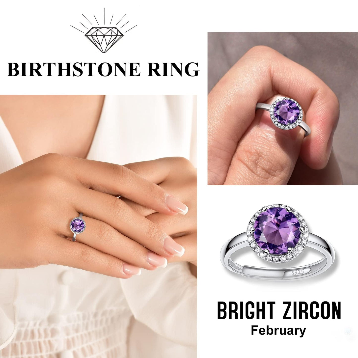 Bestyle 925 Sterling Silver Round Crytsal Cubic Zirconia Rings | Classic Silver February Amethyst Crystal Birthstone Rings for Women, Great Birthday Gift for Daughter/Wife/Mom/Grandma