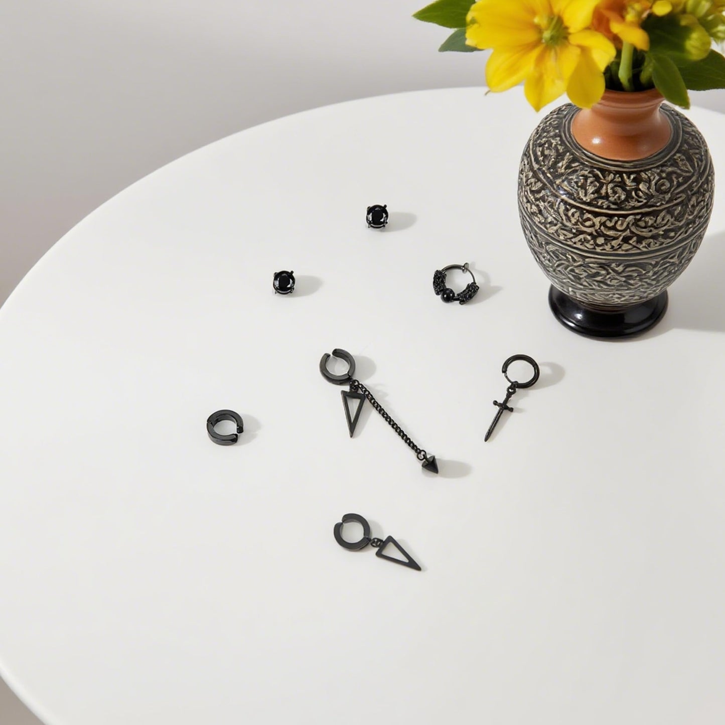 14 Pcs Black Punk Stainless Steel Fake Piercing Cross Dagger Sword Spike Rivet Triangle Dangle Tassel Clip on Hoop Earrings Set for Women Men, Non Pierced Fake CZ Stud Earrings