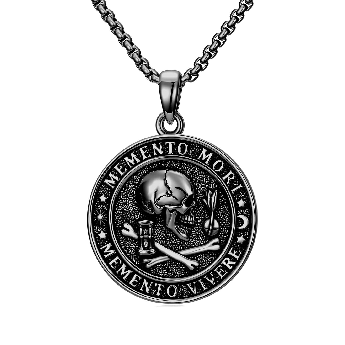 POIUY Memento Mori Necklace for Men Gothic Black Skull Pendant Stoicism Mori Jewelry Tree of Life Amulet Protection Gifts for Men Women 22+2 Inch Chain