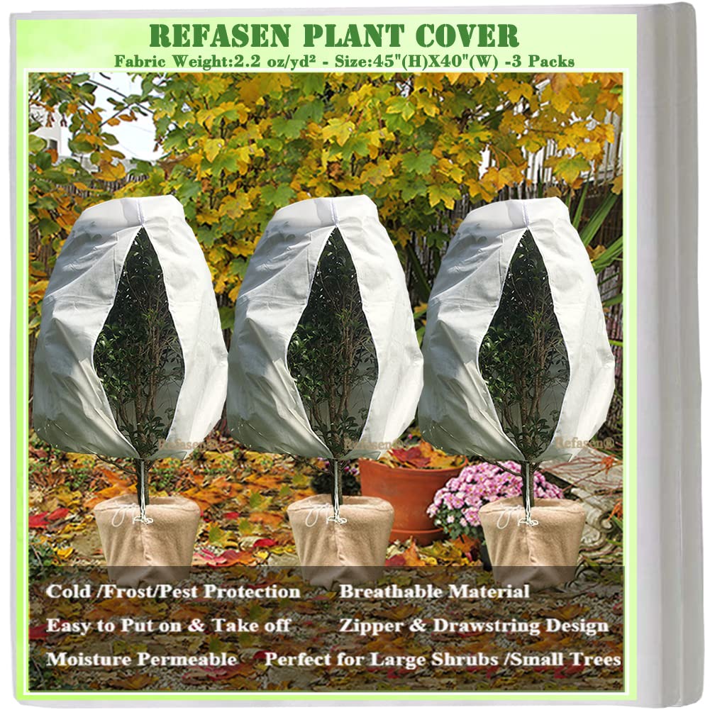 Refasen Plant Covers Freeze Protection,3 Packs 45”H X40”W Frost Blankets for Outdoor Plants Frost Cloth with Zipper Drawstring-Protect Trees from Cold Frost Pest