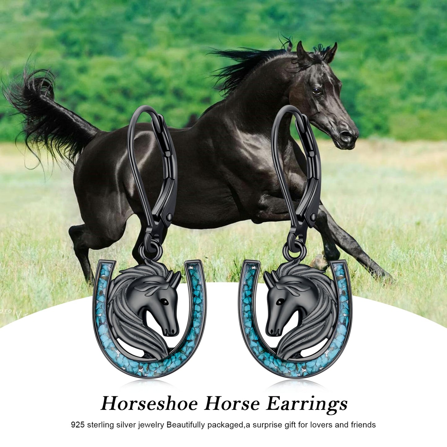 YYmqmq Black Horse Earrings for Women 925 Sterling Silver Turquoise Horseshoe Dangle Earrings Leverback Western Jewelry Horse Gifts for Women Girlfriend Lovers