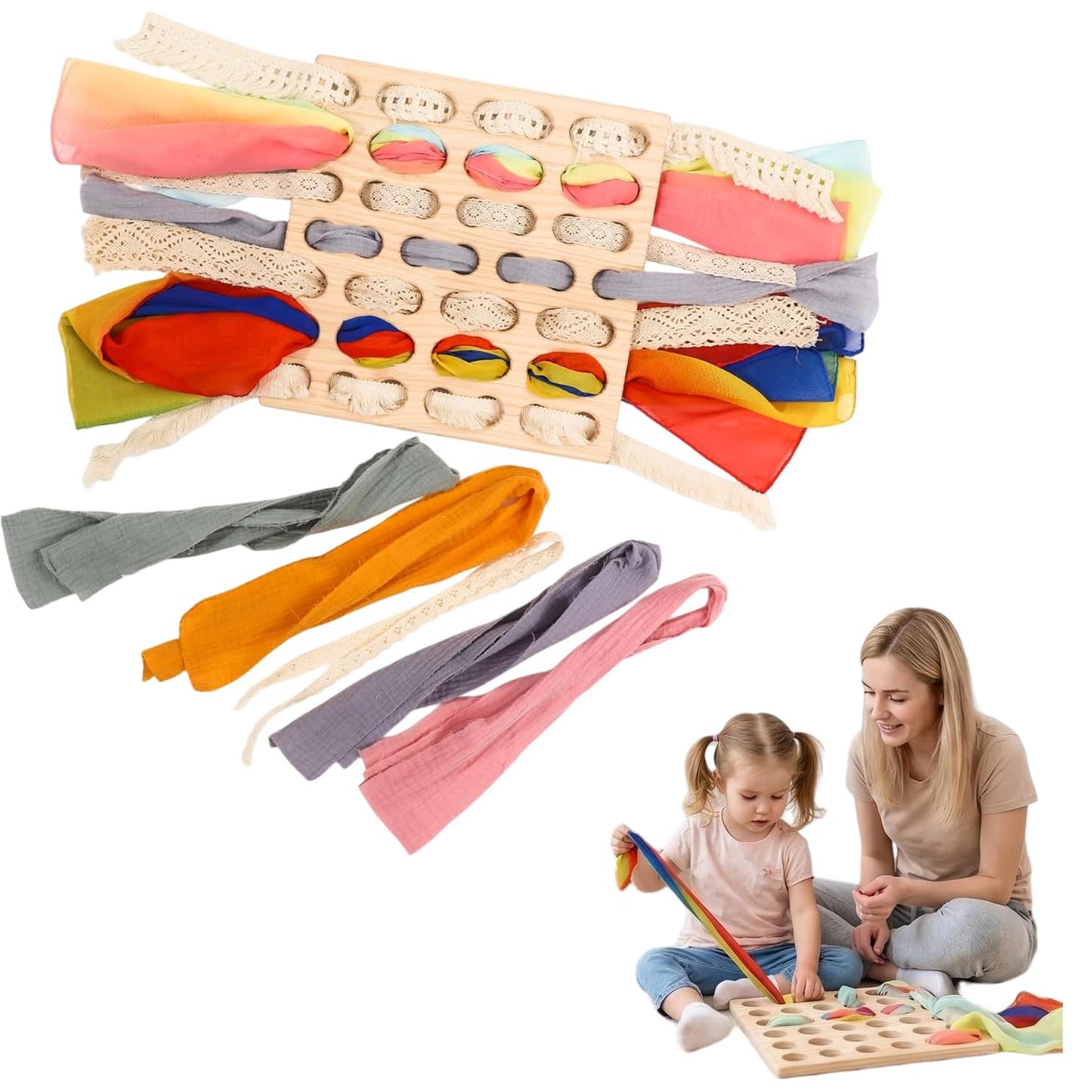 Eray Wooden Lacing Toys Open Ended Busy Board with Play Silks Weaving Board Montessori Gifts Loose Parts Play Materials for Kids
