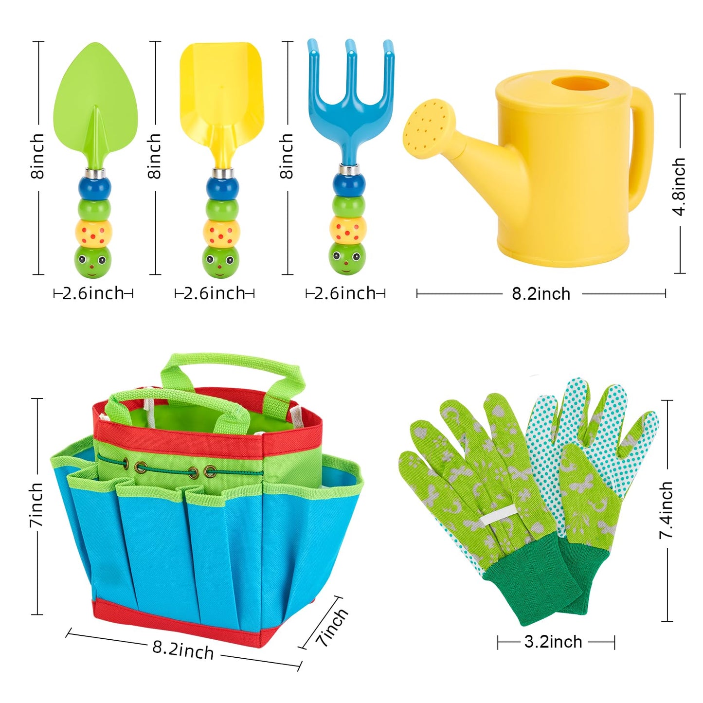 FITNATE Green Kids Garden Tools Set,6 PCS Gardening Tools for Kids Including Watering Can, Shovel, Rake, Fork, Children Gardening Gloves and Garden Tote Bag, All in One Set