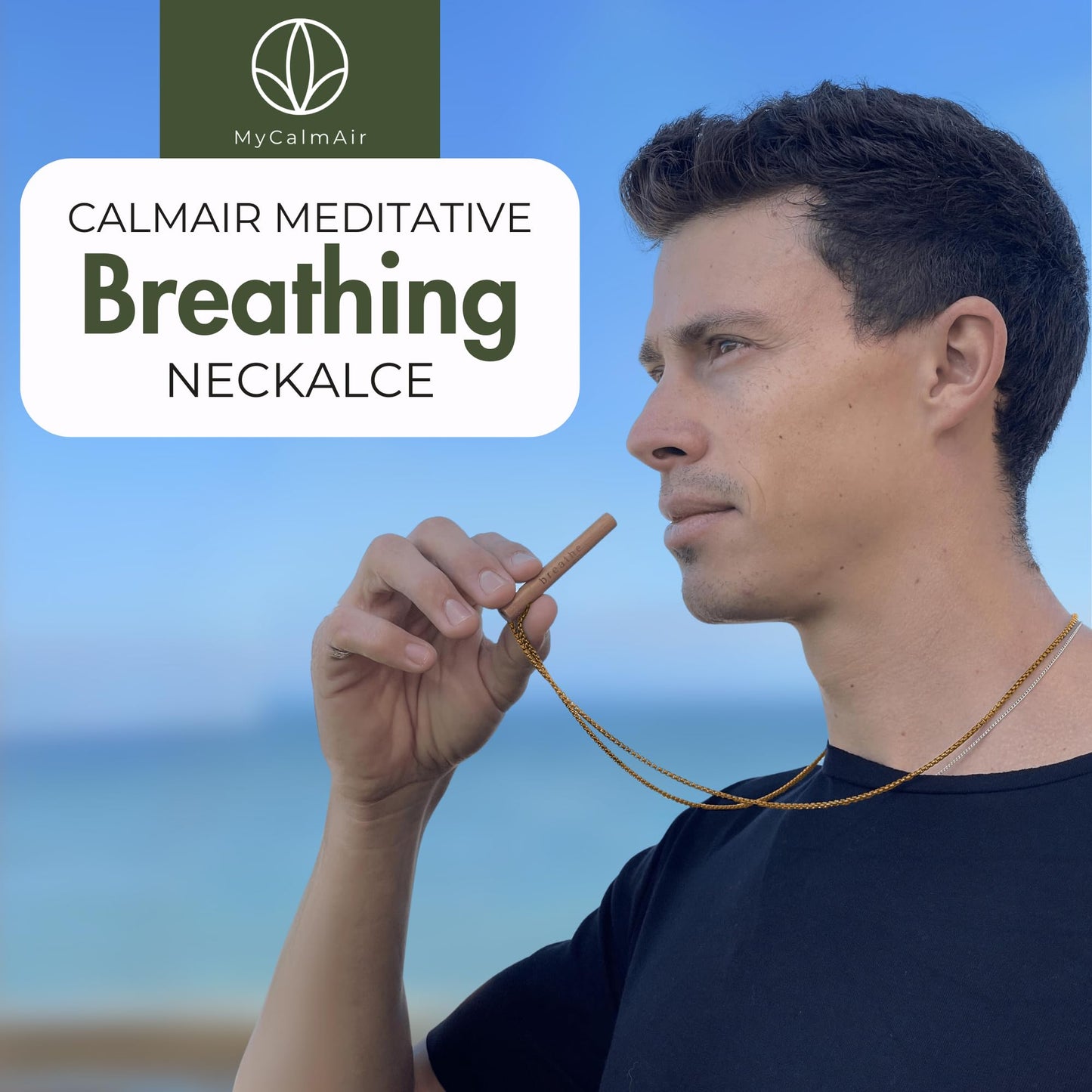 MyCalmAir Bamboo Breathing Necklace for Meditation, Mindfulness Tool, Stress Reducer, Eco-Friendly Breathe Pendant, Portable Relaxation Gift for Men & Women (Gold)