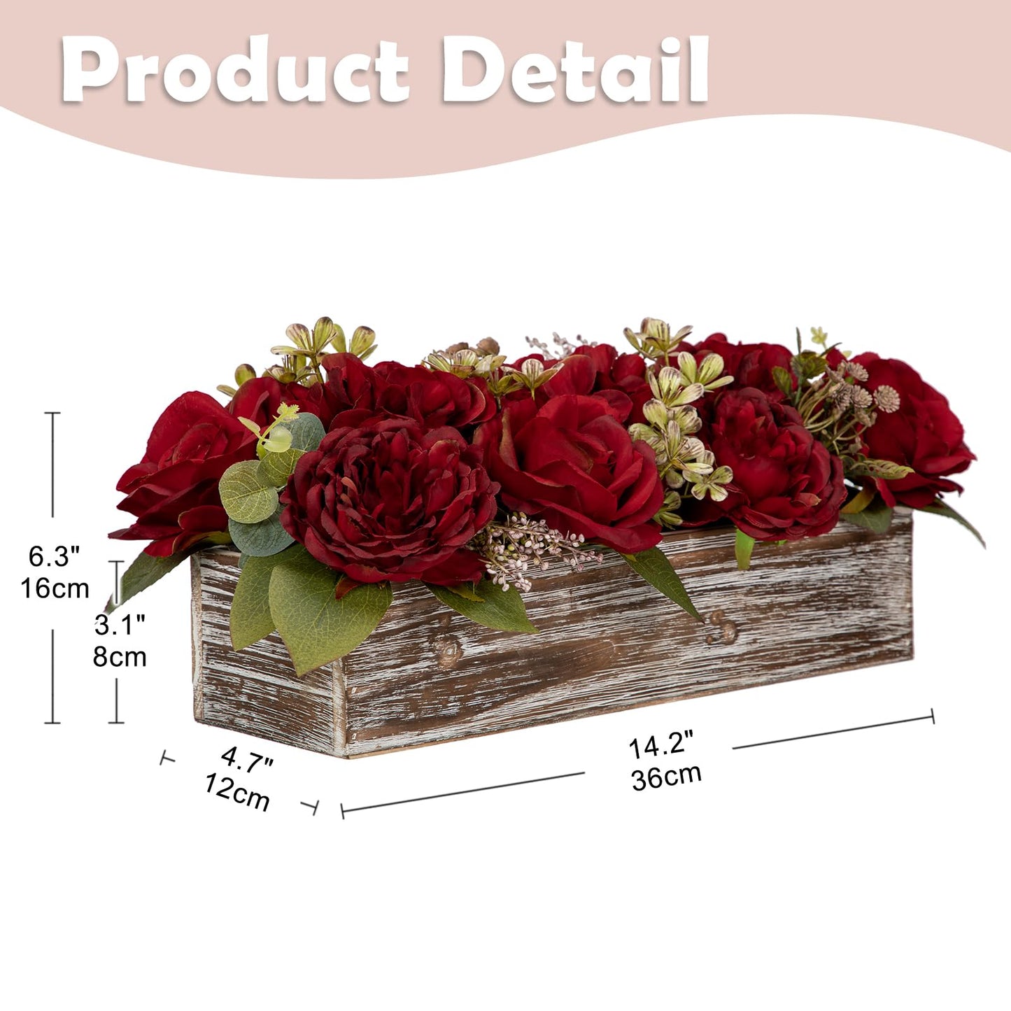Flower Arrangement with Wooden Vase 14" Artificial Flowers in Pot - Fake Flowers Roses Peonies Hydrangeas in Wooden Vase Potted Artificial Flower Centerpieces for Table Decor Living Room - Red