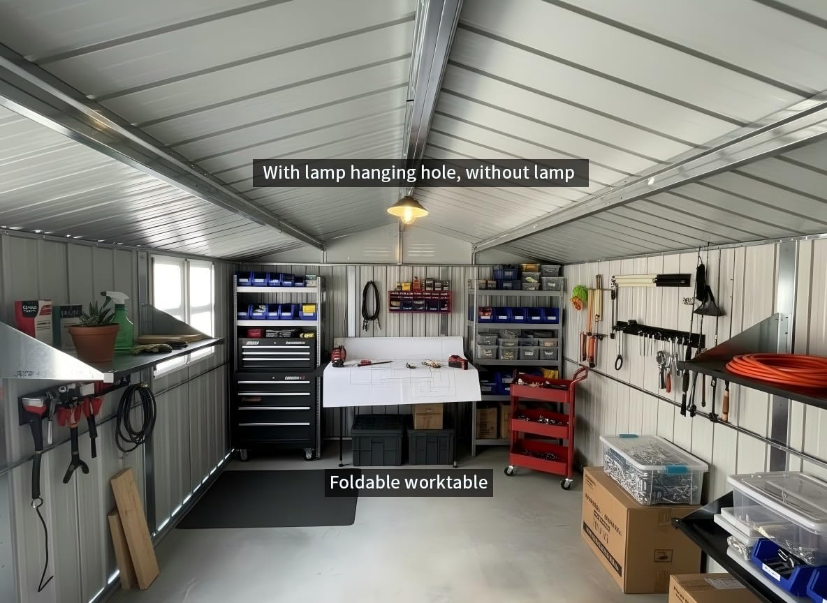 KEIKI 12x10 FT Metal Garden Shed with Window & Storage Shelves, Outdoor Storage House, Apex Roof Ventilated Utility Shed with Hinged Door for Backyard Tool Organization, Lock Included, Black
