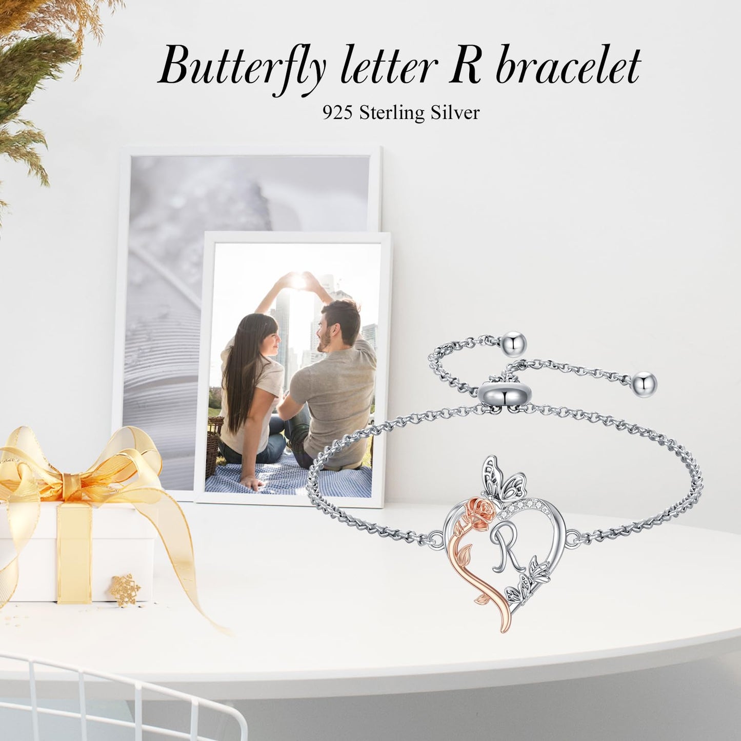 TOUPOP Rose Heart Bracelet for Women Sterling Silver Heart Initial R Letter Bracelet Butterfly Love Jewelry Anniversary Birthday Mothers Day Gifts for Mom Wife Her Girlfriend