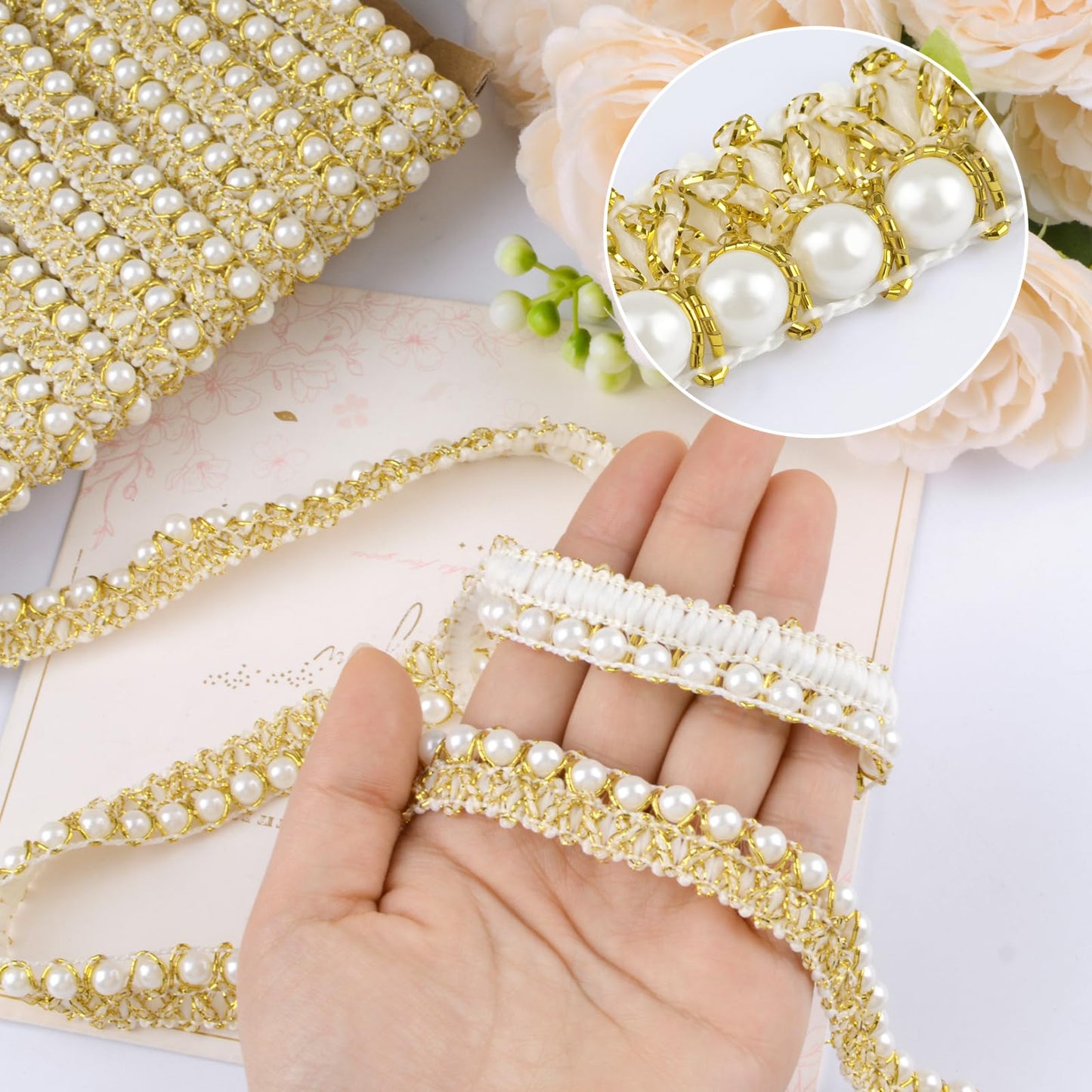 URROMA White Gold Pearl Trim - 10 Yards Beaded Lace Trimming Embroidery Embellishment Ribbon for Sewing Fabric, Garment Accessories, Dress Bag Decoration, Crafts DIY