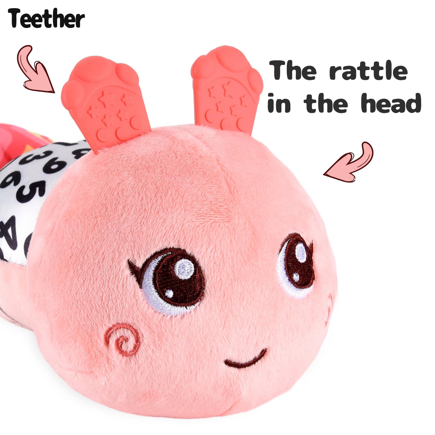 TURKIDS Infant Baby Musical Stuffed Animal Activity Soft Toys with Multi-Sensory Crinkle, Rattle and Textures for 0-3-6-12 Months Developmental Toys, Caterpillar, Pink