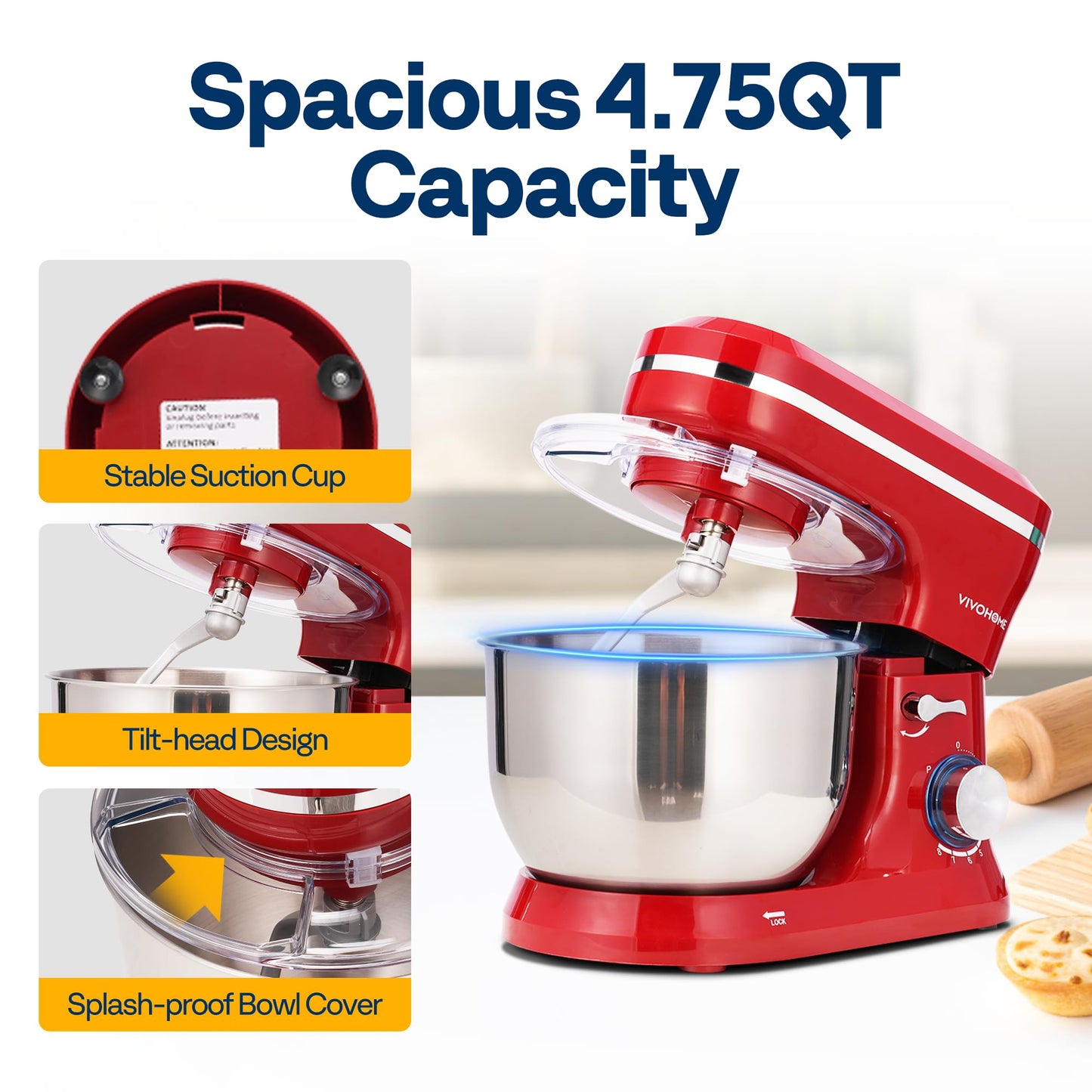 VIVOHOME 4.75 Quart Stand Mixer, 8 Speed Kitchen Electric Food Mixer, Household Stand Mixer for Baking, Cake, Bread with Beater, Dough Hook, Wire Whip and Egg Separator, Red