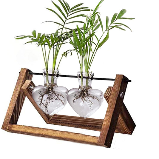 Kingbuy Glass Desktop Planter with Retro Wooden Stand and Plant Terrarium Vase (2 Hearts) for Indoor Home Office Desk Decor Accessories
