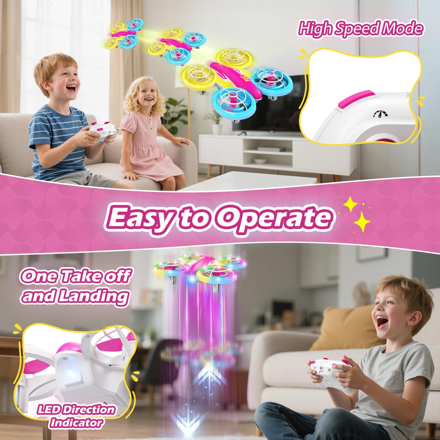 FUNPX LED RC Drone for Kids 6+, Christmas Birthday Gift for Boys & Girls with Remote Batteries, 360° Flip, High Speed Mode, 45 Min Flight Indoor and Outdoor Flying Toy - RoseRed Yellow