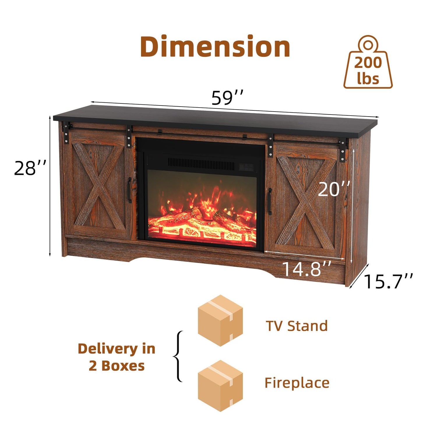 4 EVER WINNER Fireplace TV Stand with Fireplace, Sliding Barn Door, Adjustable Storage Cabinets, Farmhouse Entertainment Center with Fireplace for 65" TV, TV Stands for Living Room, Brown & Black
