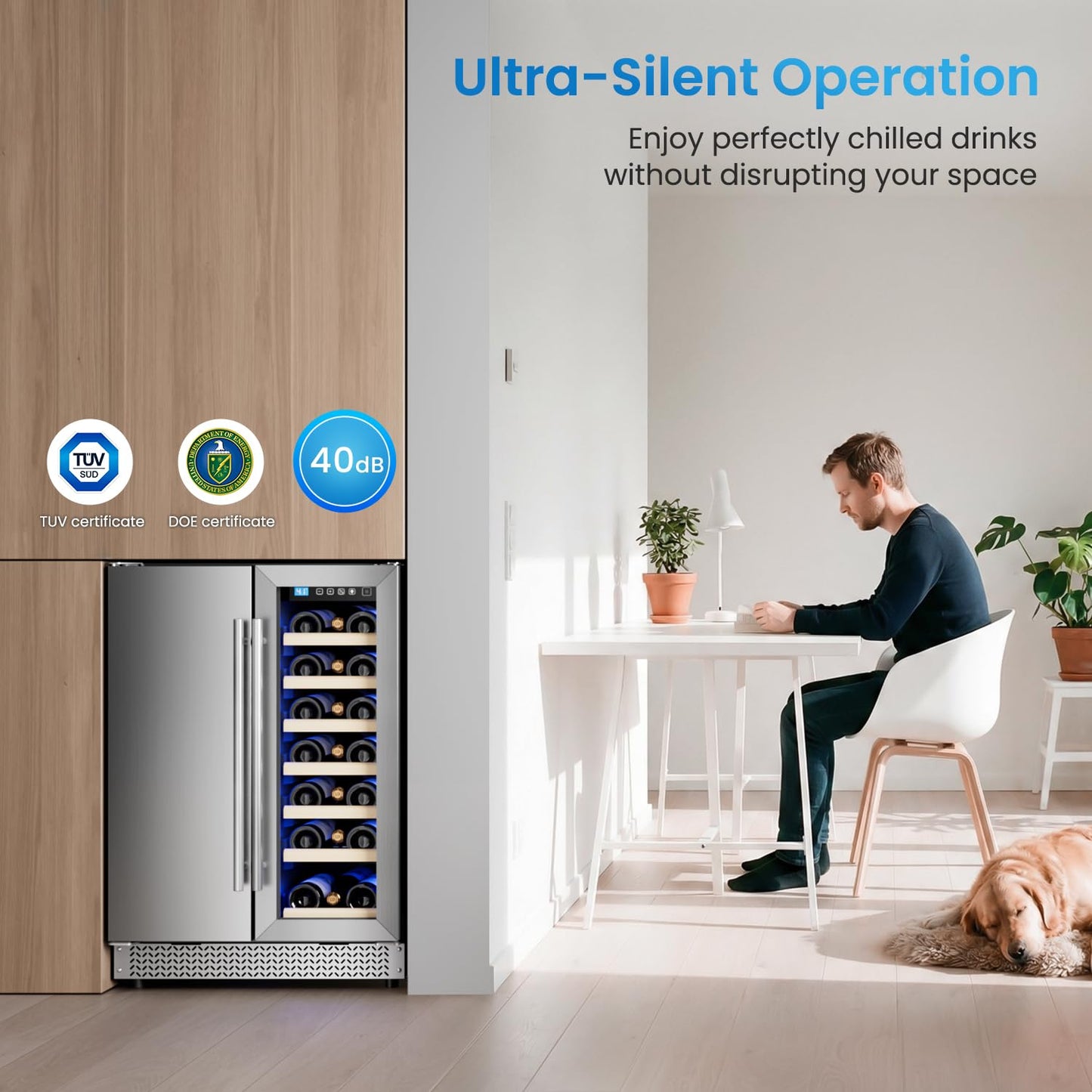 Vushine Wine and Beverage Refrigerator, 24’’ Daul Zone Wine Fridge, Freestanding Under Counter Refrigerator, Stainless Steel Beverage Cooler with Adjustable Shelves, Holds 21 Bottles and 88 Cans
