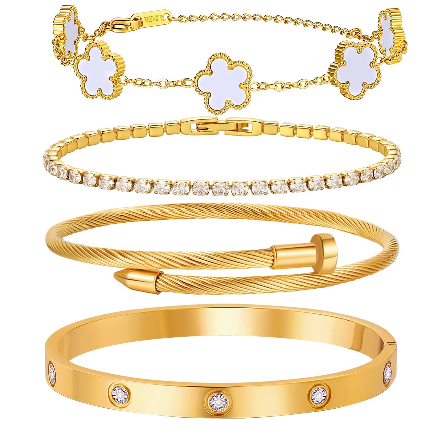 MVCOLEDY 18 K Gold Plated Love Bracelet Stack for Women 4-Piece Bracelet with Synthetic Shell Floral Clover Chain, Tennis Chain and Crystal Gold Bangle, Love Bracelet Design Gift Jewelry for Valentines Mother's Day (White)