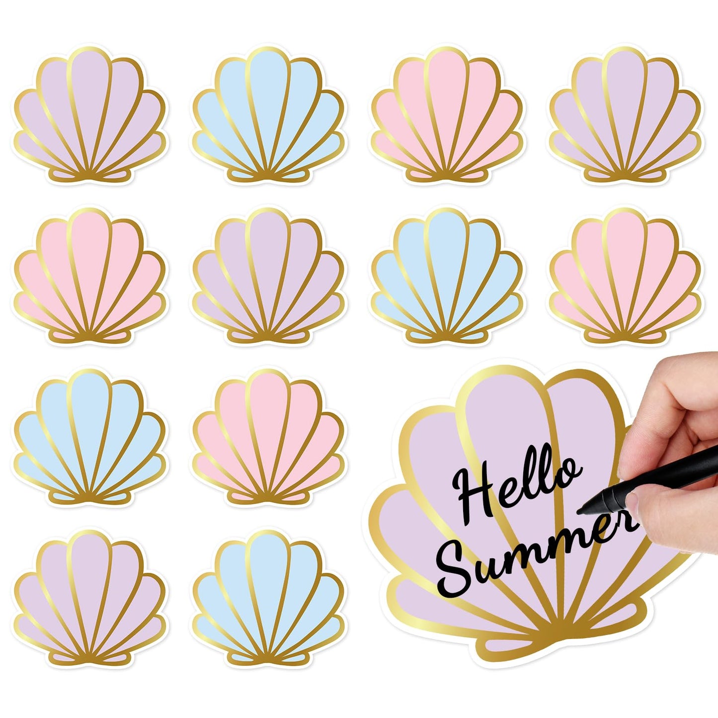 Whaline 48Pcs Seashell Cutouts Paper Cutting Pastel Pink Purple Blue Shell Cut-Outs with Gold Edge for Summer Sea Beach Party Supplies DIY Crafts