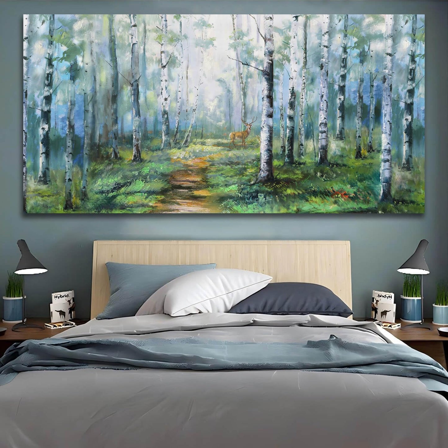 Enartly Birch Tree Wall Art for Living Room, Large Wall Decor Canvas Painting Green Forest Nature Picture Scenery Artwork Textured Framed for Bedroom Hallway Home Office Decoration 48"x24"